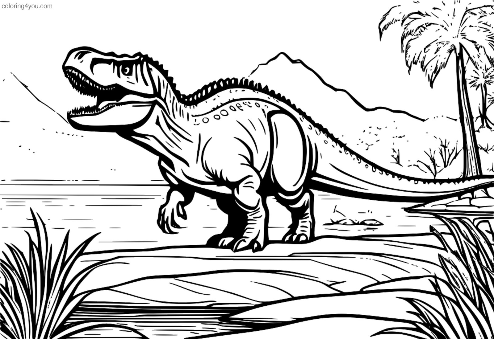 Ein Ceratosaurus jagt Beute in der Nähe eines Sees, eine prähistorische Jagd in Aktion. Ein Ceratosaurus jagt Beute in der Nähe eines Sees, eine prähistorische Jagd in Aktion.