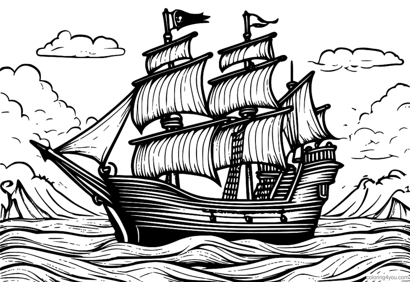 Piratenschiff mit Lineal auf Flagge, die hoch über dem Ozean fliegt Piratenschiff mit Lineal auf Flagge, die hoch über dem Ozean fliegt