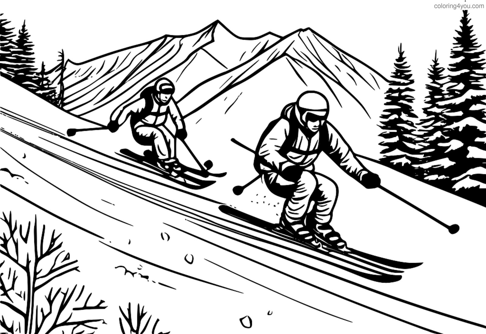 Gruppe af vinteratleter, der står på ski og snowboard ned ad et bjerg Gruppe af vinteratleter, der står på ski og snowboard ned ad et bjerg