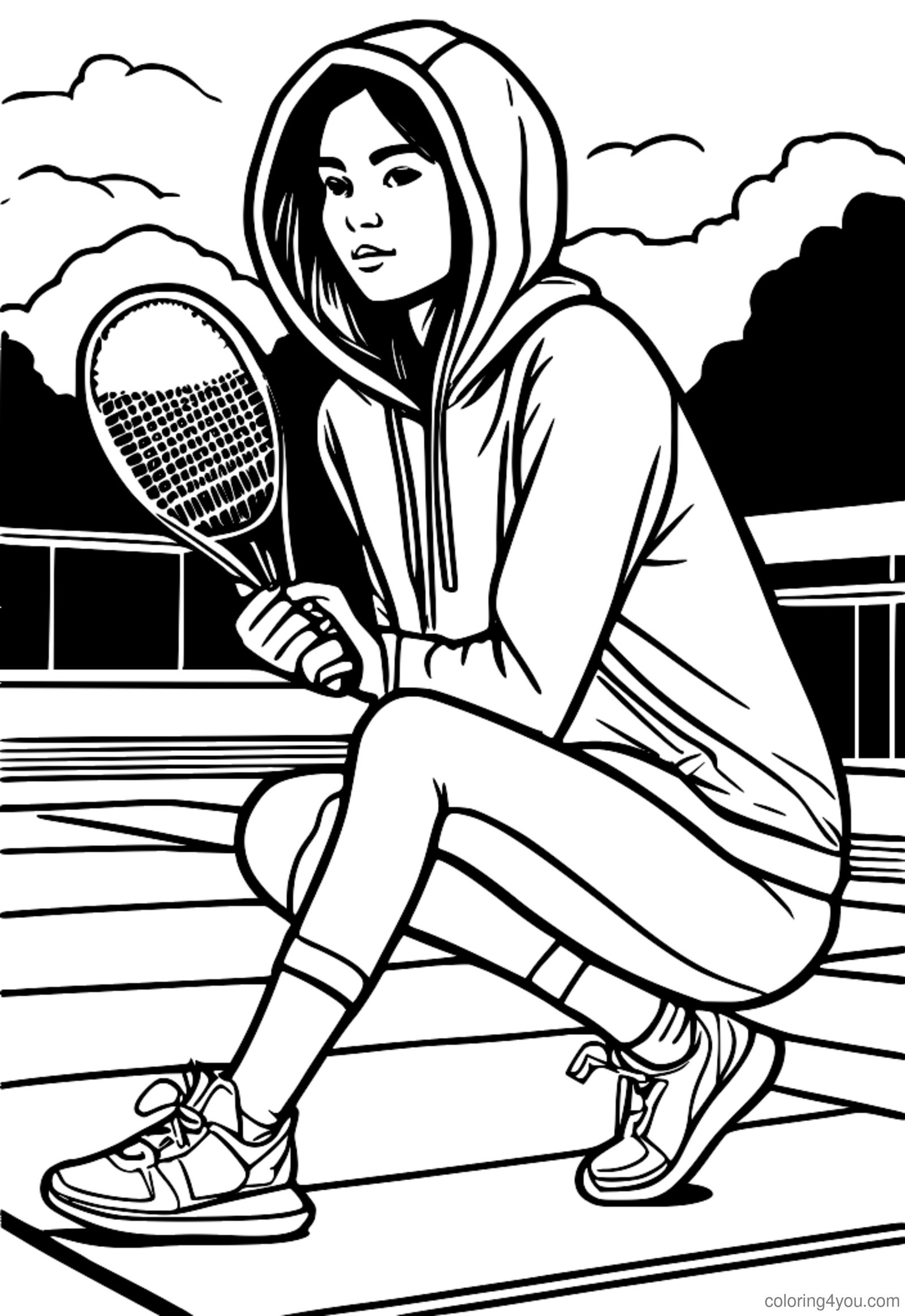 Neon yeşili kapüşonlu ve tayt giyen tenis oynayan kız Neon yeşili kapüşonlu ve tayt giyen tenis oynayan kız