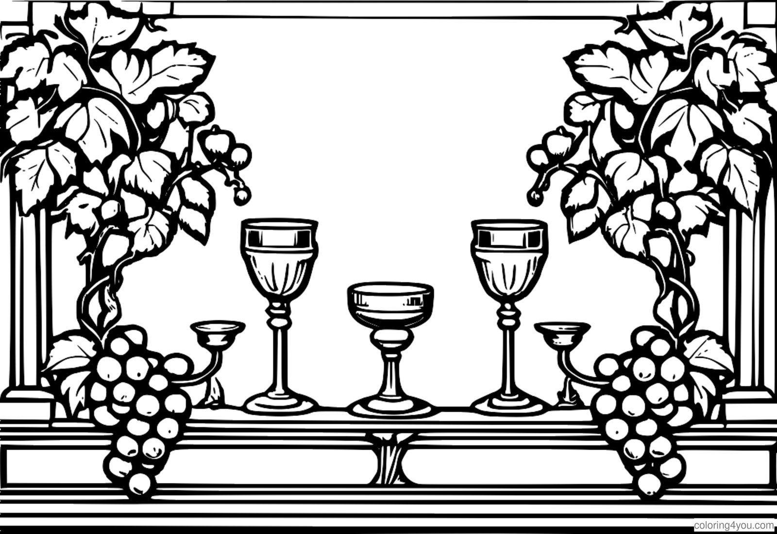 paġna tal-kulur ta’ Bacchus b’tazzi tal-inbid u dwieli paġna tal-kulur ta’ Bacchus b’tazzi tal-inbid u dwieli