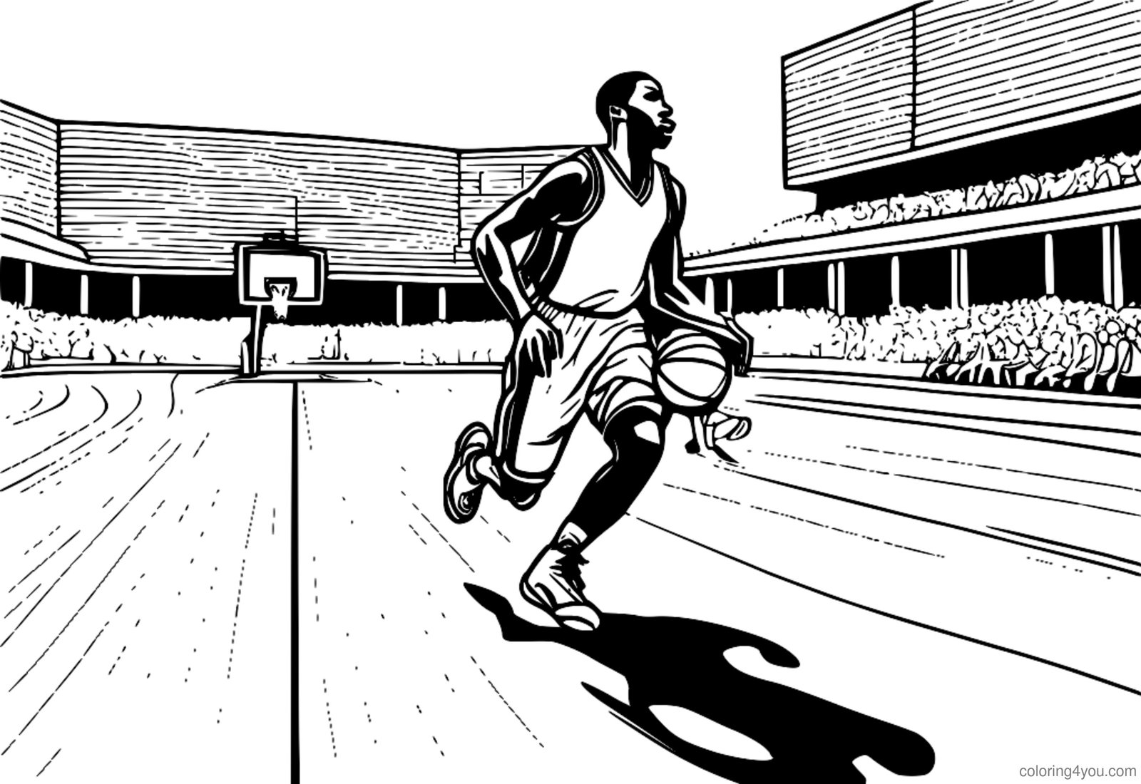 Un'immagine frenetica di un giocatore di basket che corre sul campo. Un'immagine frenetica di un giocatore di basket che corre sul campo.