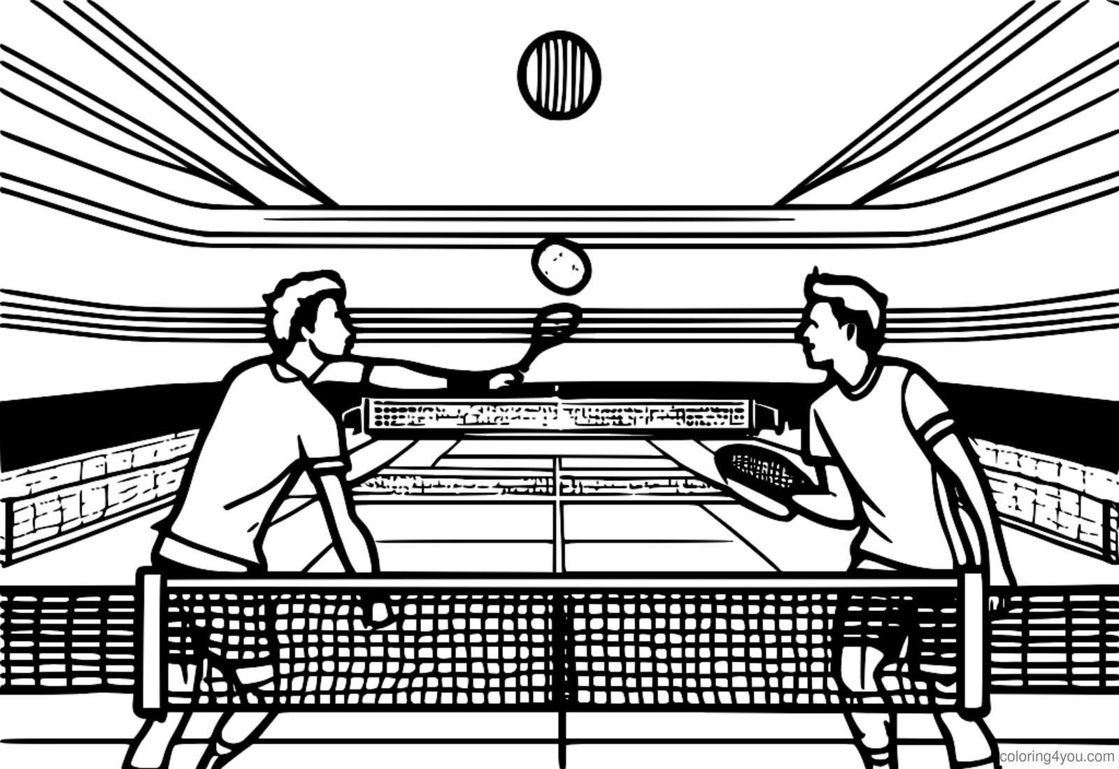 Tennis dobbeltkamp med to par spillere på hver sin side av nettet. Tennis dobbeltkamp med to par spillere på hver sin side av nettet.