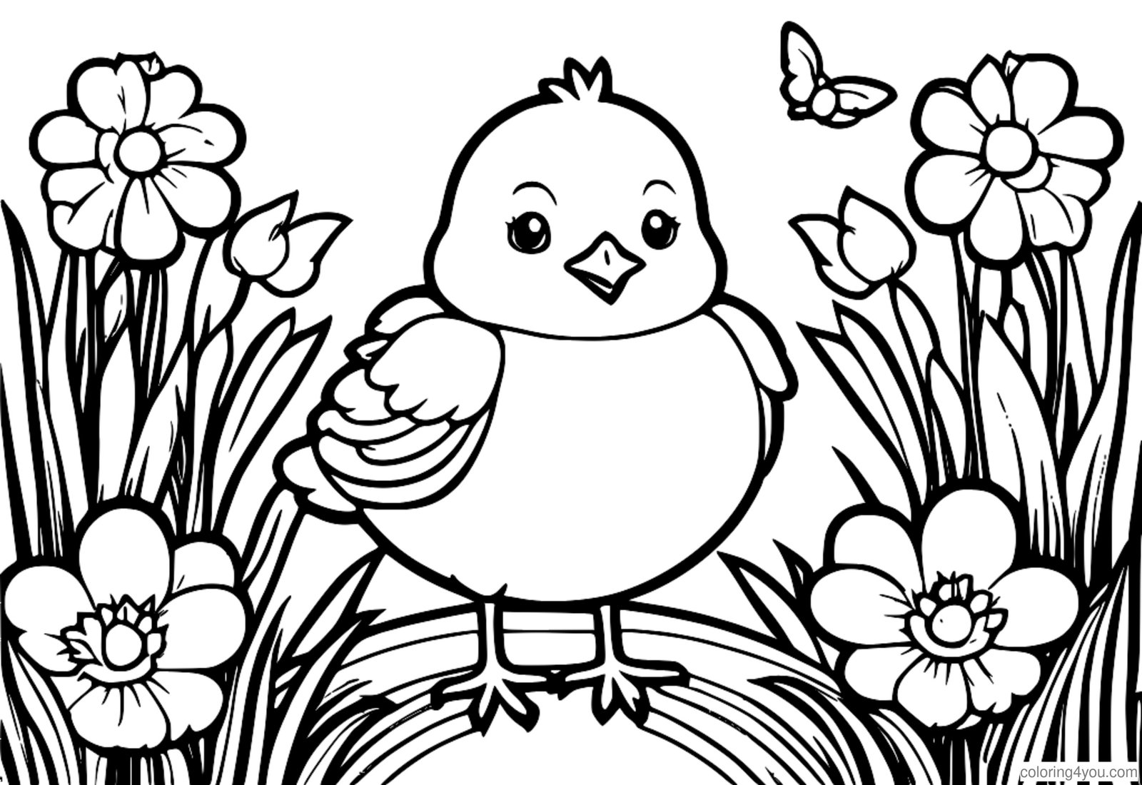 Happy chick standing in a spring garden Happy chick standing in a spring garden