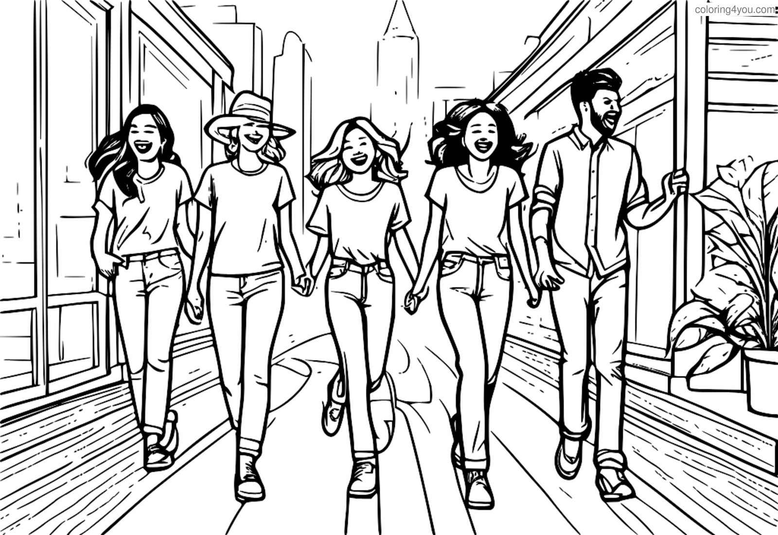 Group of friends line dancing and laughing together Group of friends line dancing and laughing together