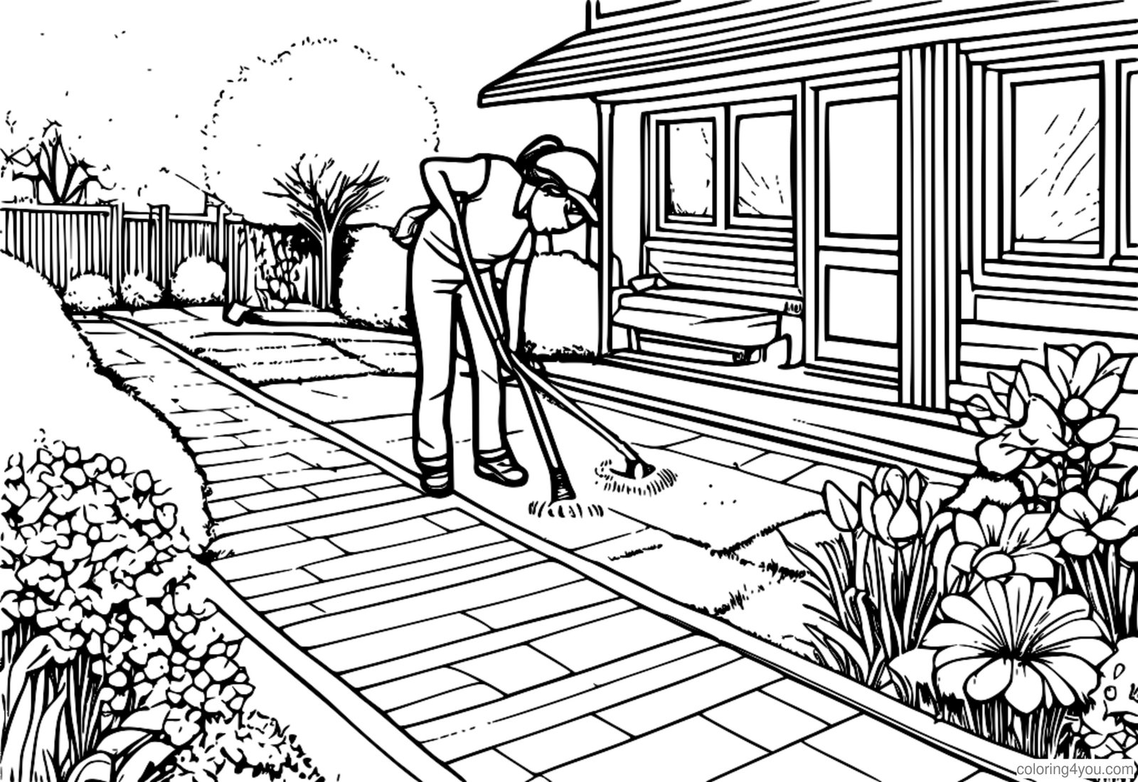A colorful spring cleaning scene with a garden hose and a person cleaning the sidewalk. A colorful spring cleaning scene with a garden hose and a person cleaning the sidewalk.