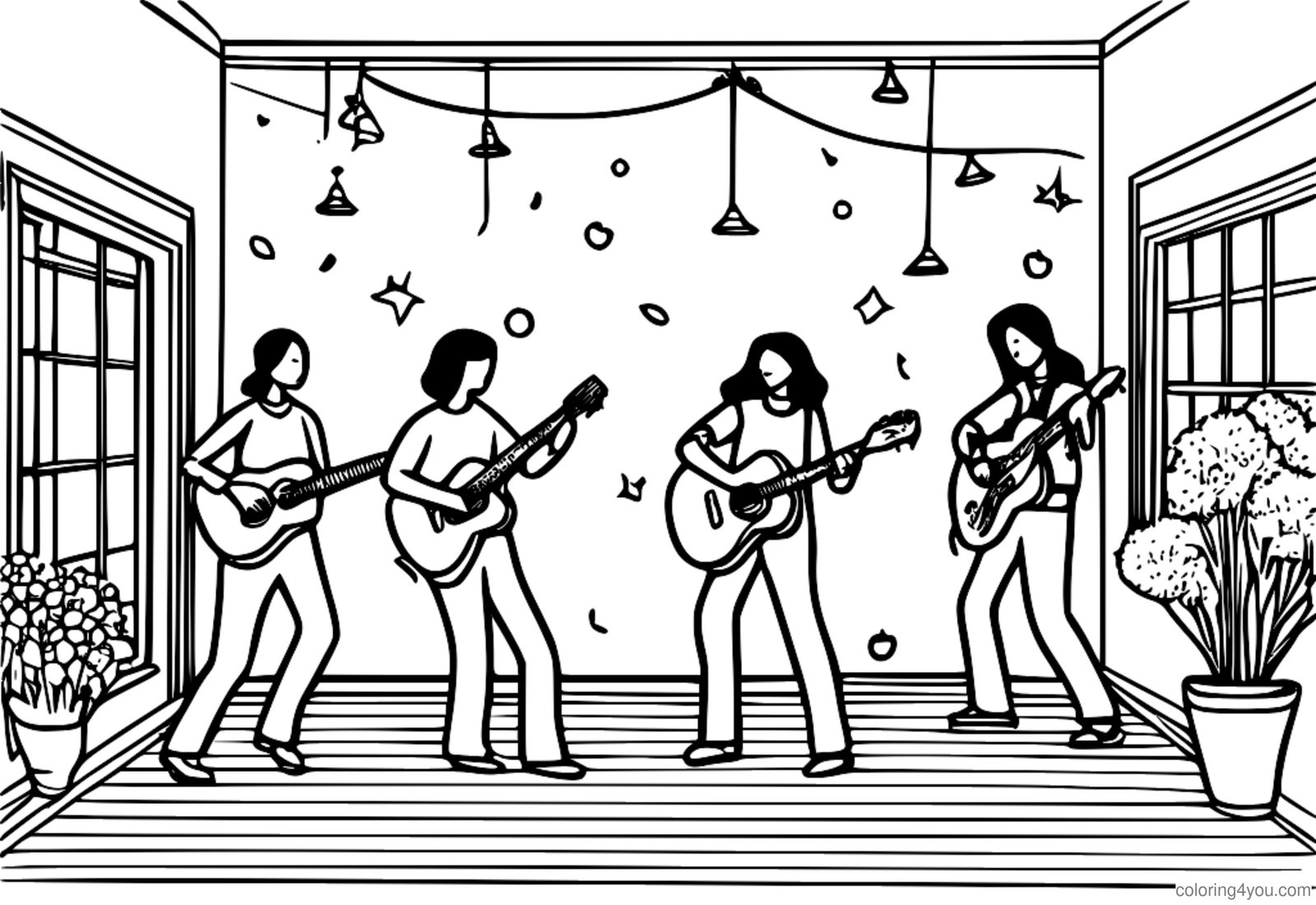fotos coloridas de pessoas dançando em uma festa com guitarristas e notas musicais fotos coloridas de pessoas dançando em uma festa com guitarristas e notas musicais