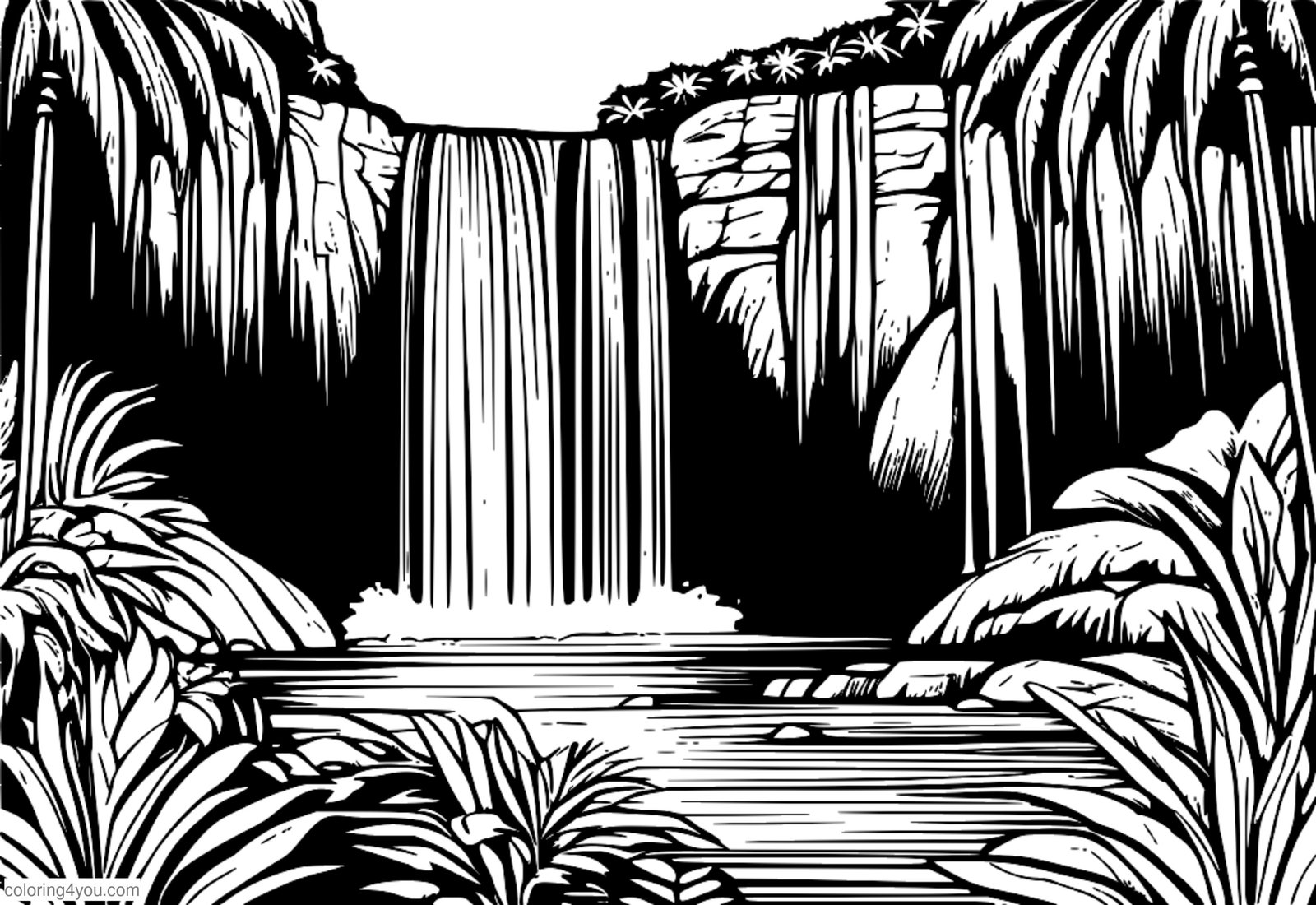 Coloring page of Opaeka'a Falls in Hawaii, surrounded by tropical foliage and crystal-clear waters Coloring page of Opaeka'a Falls in Hawaii, surrounded by tropical foliage and crystal-clear waters