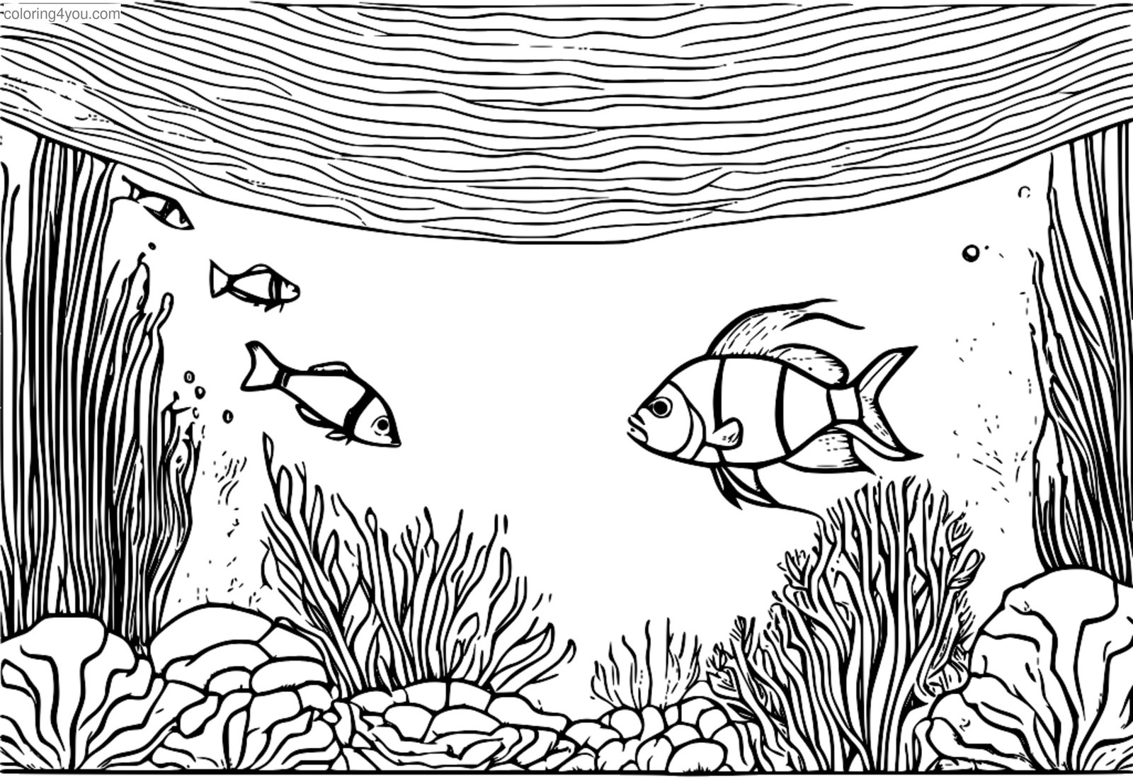 A colorful underwater scene with seaweed swaying in the current, featuring a coral reef and schools of fish. A colorful underwater scene with seaweed swaying in the current, featuring a coral reef and schools of fish.