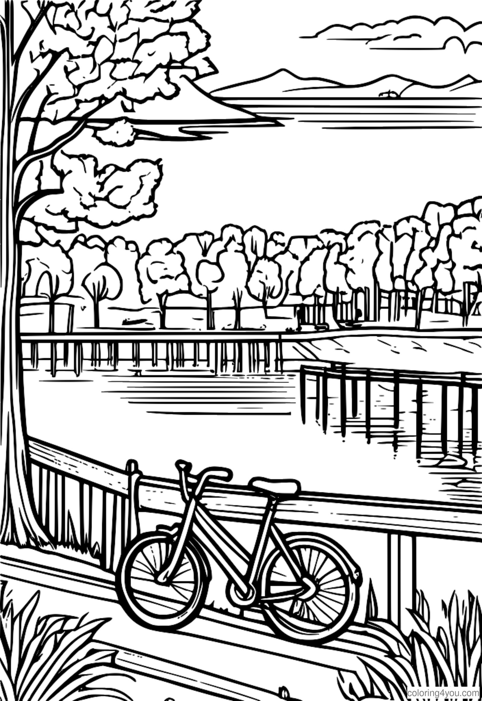 Niños andando en bicicleta cerca de un lago en un parque con vibrantes colores de otoño Niños andando en bicicleta cerca de un lago en un parque con vibrantes colores de otoño
