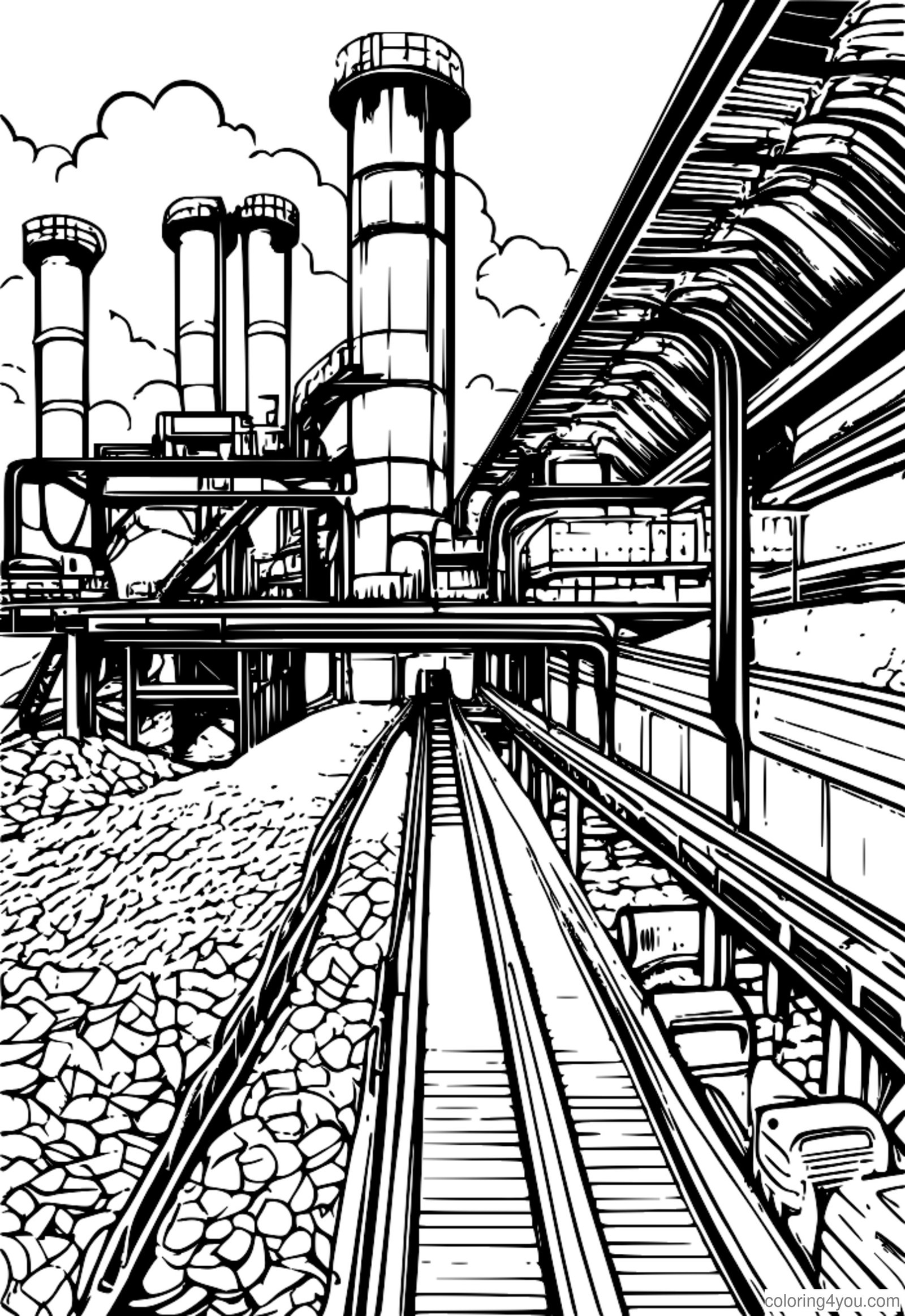 Un grande impianto di riciclaggio dei metalli con un nastro trasportatore che smista i rottami metallici in diverse pile Un grande impianto di riciclaggio dei metalli con un nastro trasportatore che smista i rottami metallici in diverse pile
