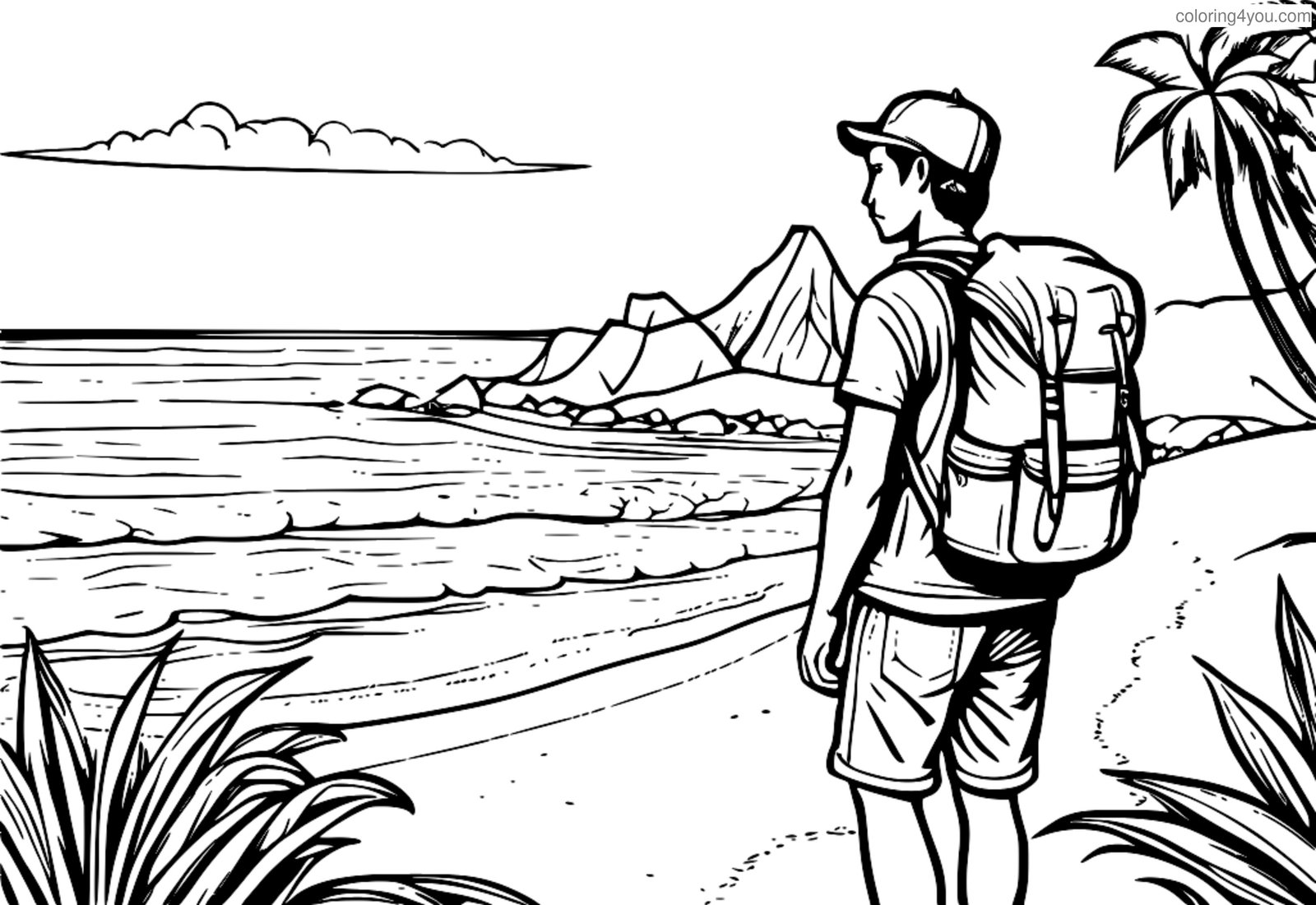 Adventurer with backpack and compass on the beach Adventurer with backpack and compass on the beach