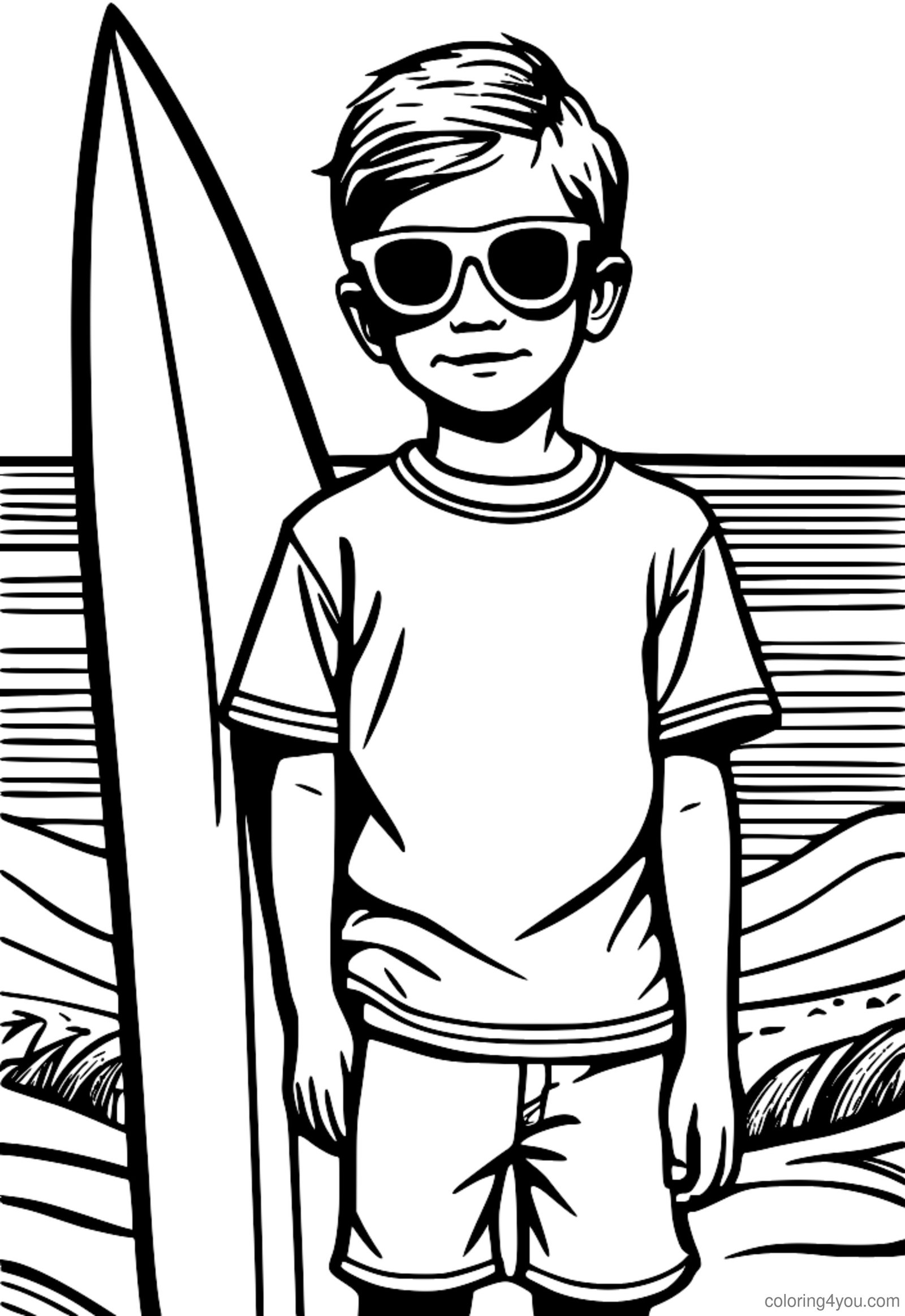 Un ragazzo che indossa una maglietta verde con il disegno di una tavola da surf bianca e pantaloncini verdi e occhiali da sole abbinati. Un ragazzo che indossa una maglietta verde con il disegno di una tavola da surf bianca e pantaloncini verdi e occhiali da sole abbinati.