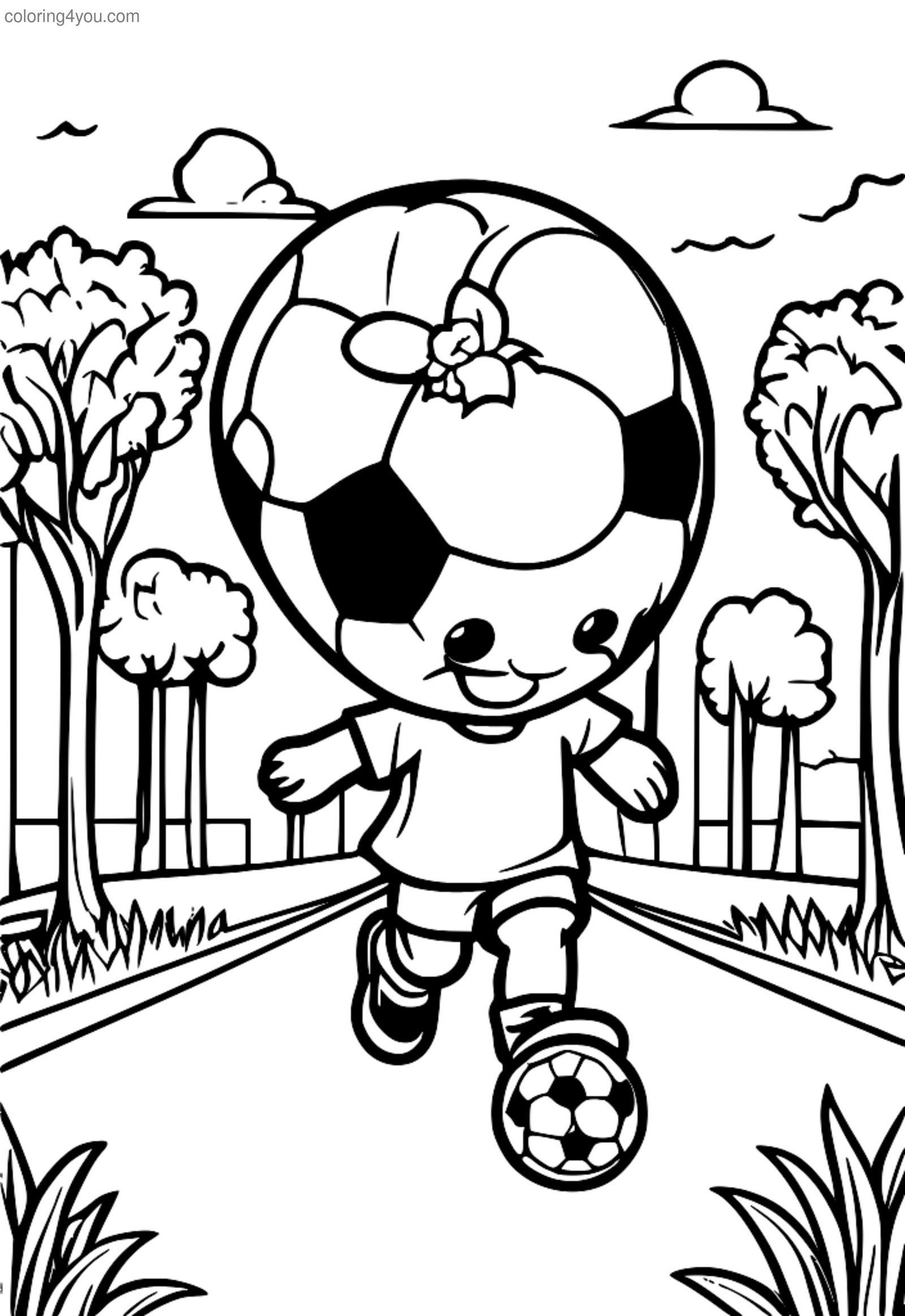 Pagina da colorare di un ragazzino che ride e gioca a calcio Pagina da colorare di un ragazzino che ride e gioca a calcio