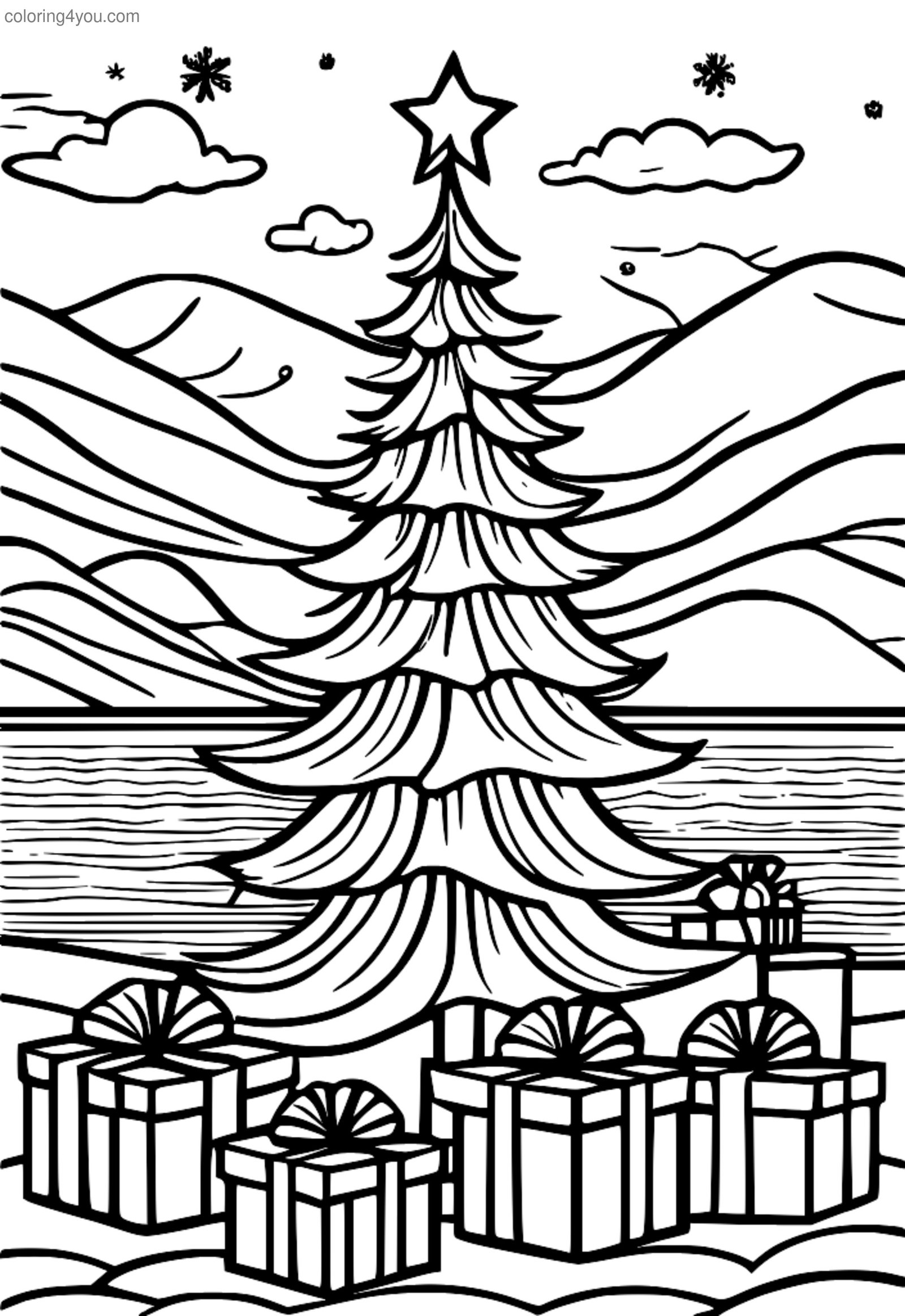 Un sapin de Noël enneigé avec des cadeaux en dessous. Un sapin de Noël enneigé avec des cadeaux en dessous.