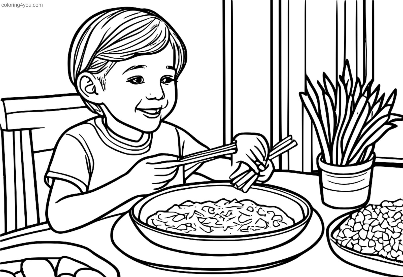 A kid enjoying a snack of hummus dip with crunchy carrots and veggie sticks A kid enjoying a snack of hummus dip with crunchy carrots and veggie sticks