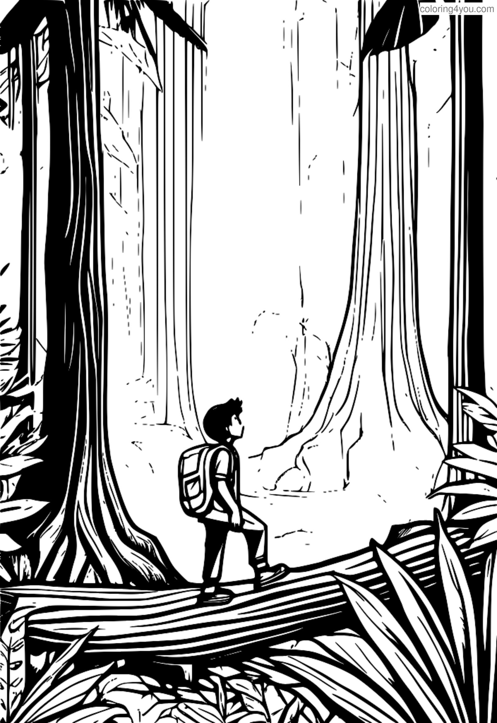 Lone explorer standing in front of a fallen tree trunk in the jungle Lone explorer standing in front of a fallen tree trunk in the jungle
