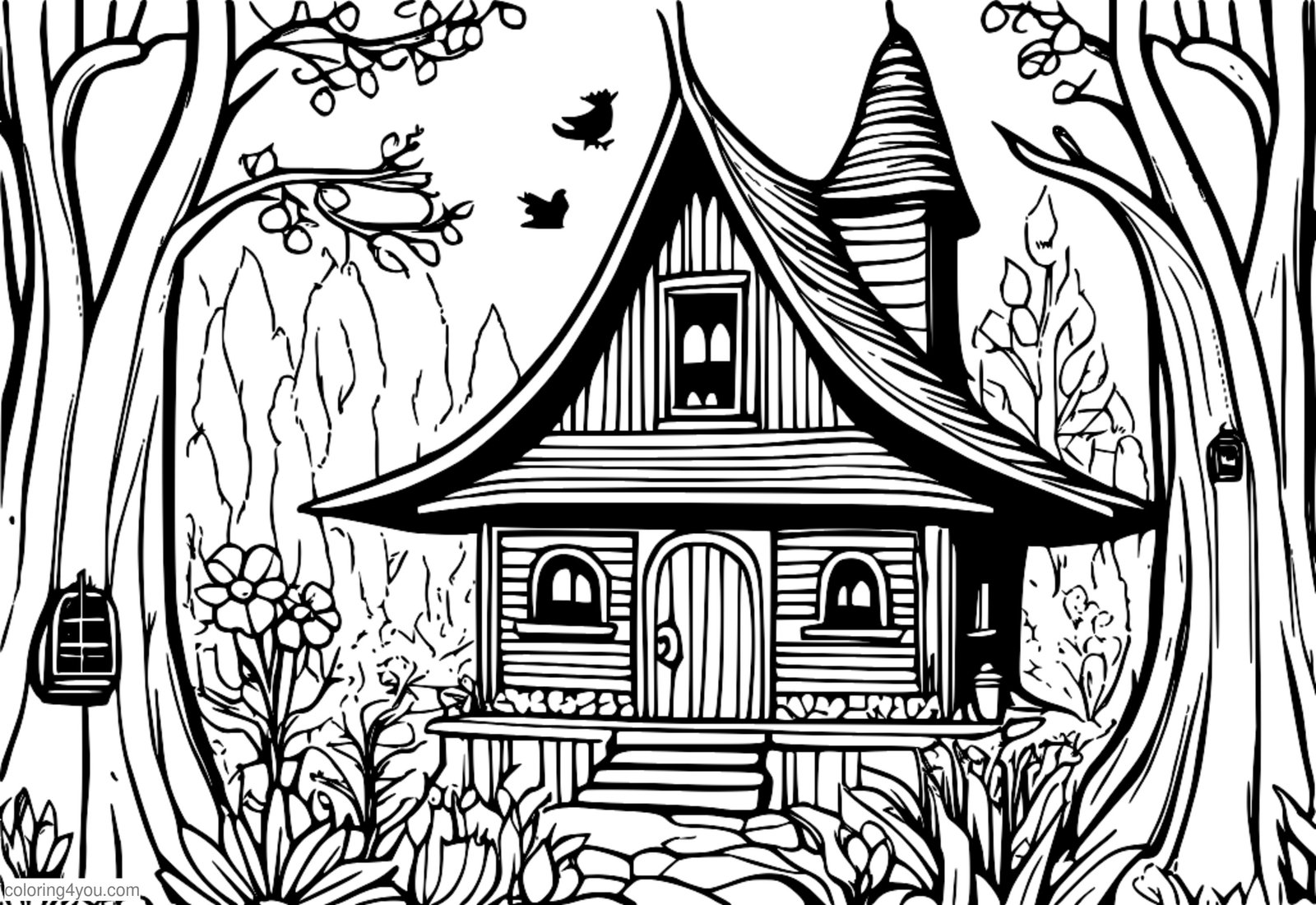 Rozmarná ilustrace chýše Baba Yaga na kuřecích stehýnkách s čarodějnicí a květinami Rozmarná ilustrace chýše Baba Yaga na kuřecích stehýnkách s čarodějnicí a květinami