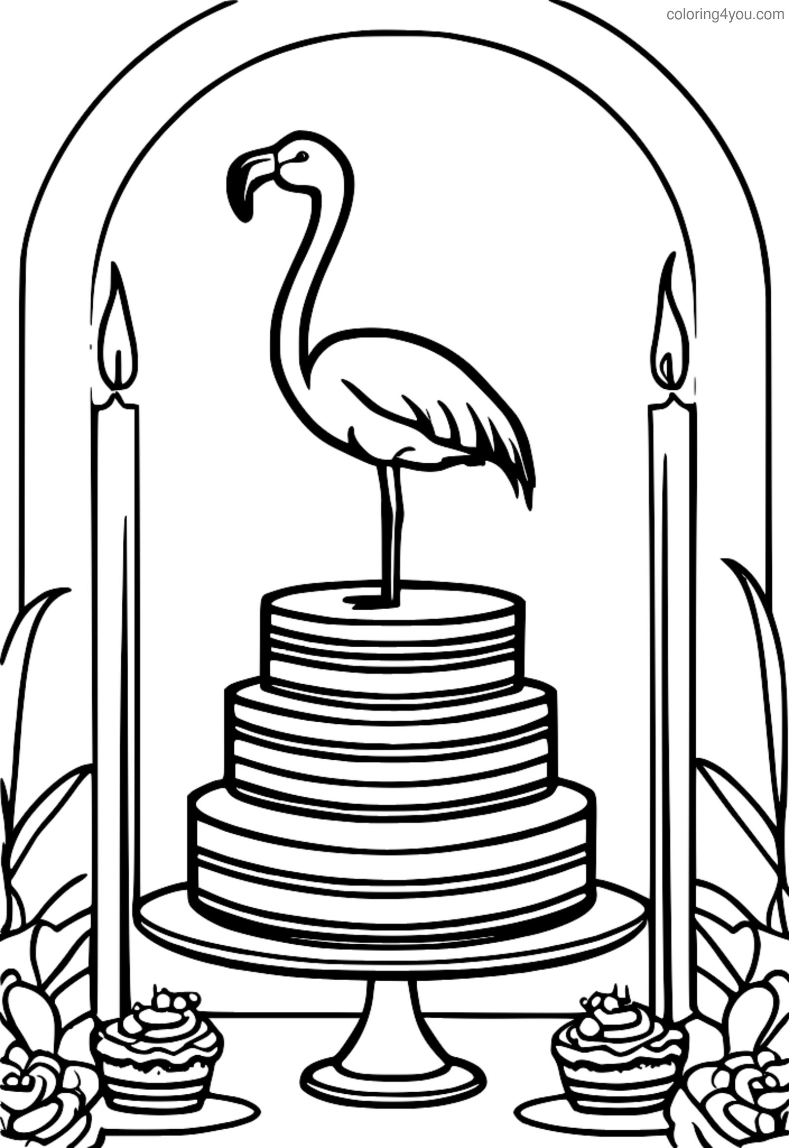 Flamingo ag séideadh na coinnle ar chíste ildaite le bogha ollmhór bándearg. Flamingo ag séideadh na coinnle ar chíste ildaite le bogha ollmhór bándearg.