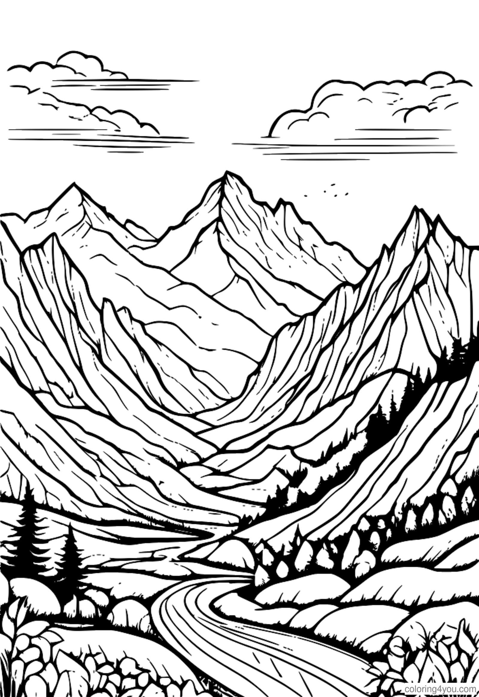 Pagina da colorare di paesaggio montano nebbioso con sagome Pagina da colorare di paesaggio montano nebbioso con sagome