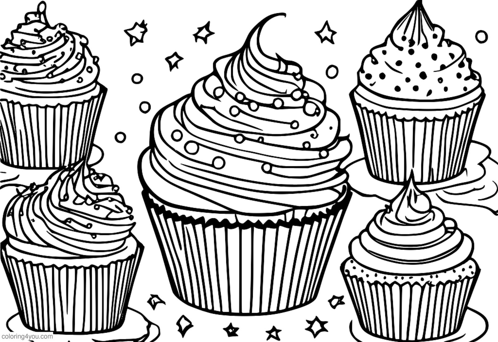 Pagine da colorare di diversità di cupcakes colorati con confettini Pagine da colorare di diversità di cupcakes colorati con confettini