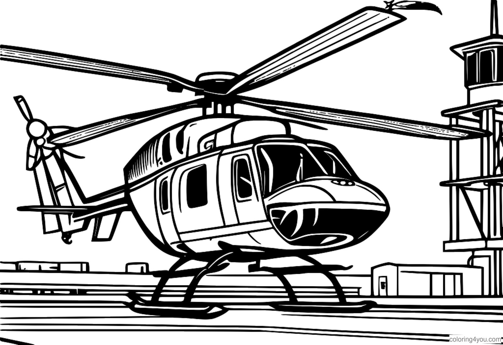 Helikopterek lebegnek a légiforgalmi irányító torony színező oldalai közelében Helikopterek lebegnek a légiforgalmi irányító torony színező oldalai közelében