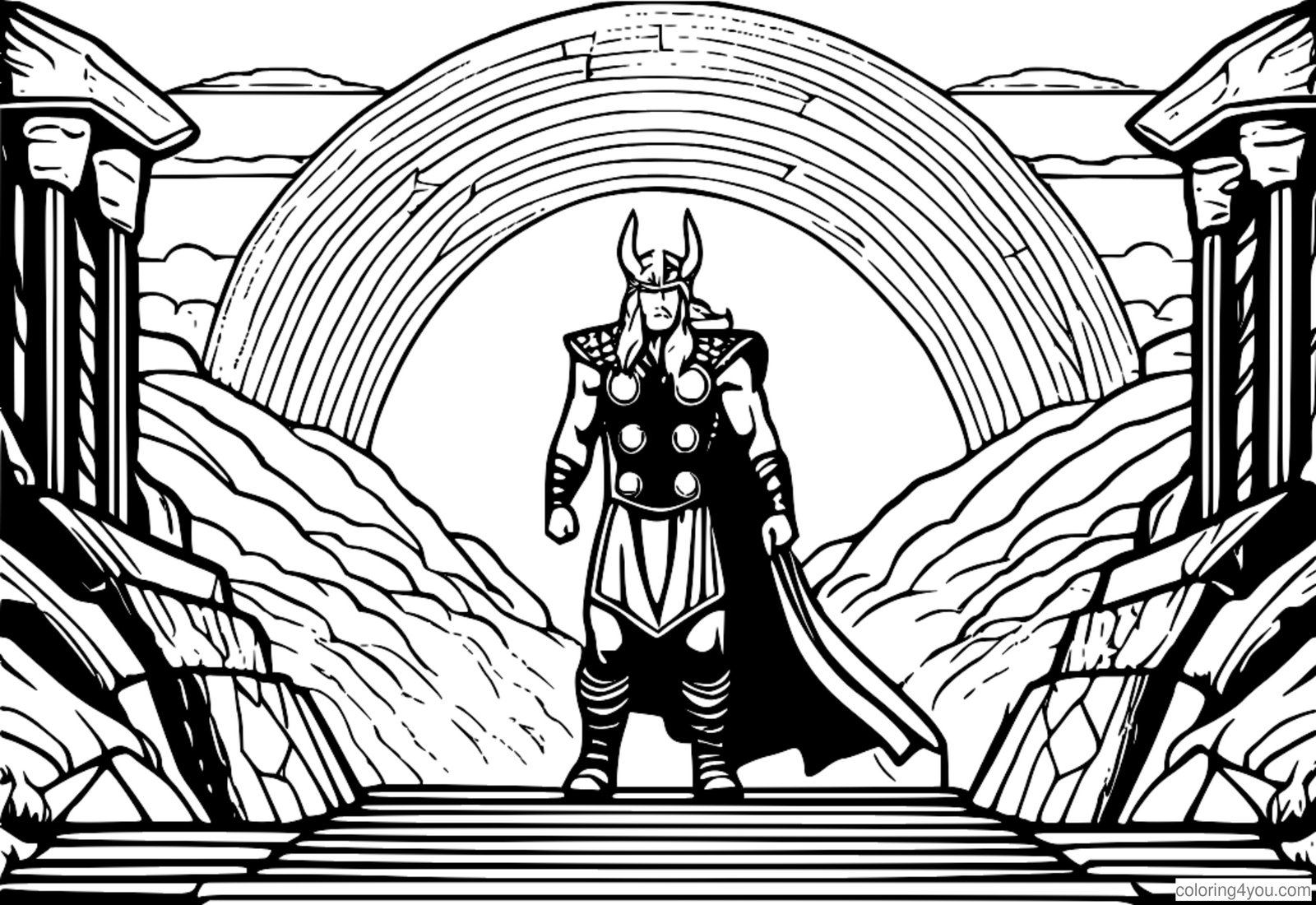 Thor värityssivu, norjalaiset jumalat, Bifrost silta, sateenkaari, ukkonen jumala Thor värityssivu, norjalaiset jumalat, Bifrost silta, sateenkaari, ukkonen jumala