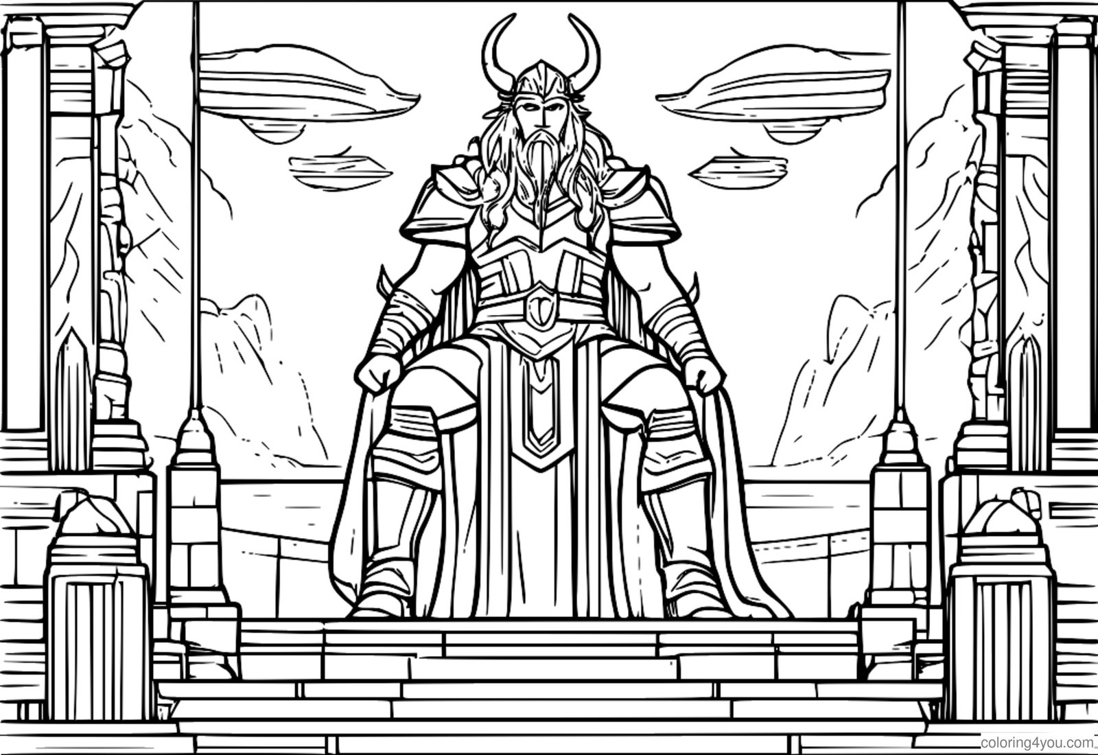 Dewa Asgard berkumpul untuk pertempuran terakhir dalam halaman pewarna Mitologi Norse yang epik ini Dewa Asgard berkumpul untuk pertempuran terakhir dalam halaman pewarna Mitologi Norse yang epik ini