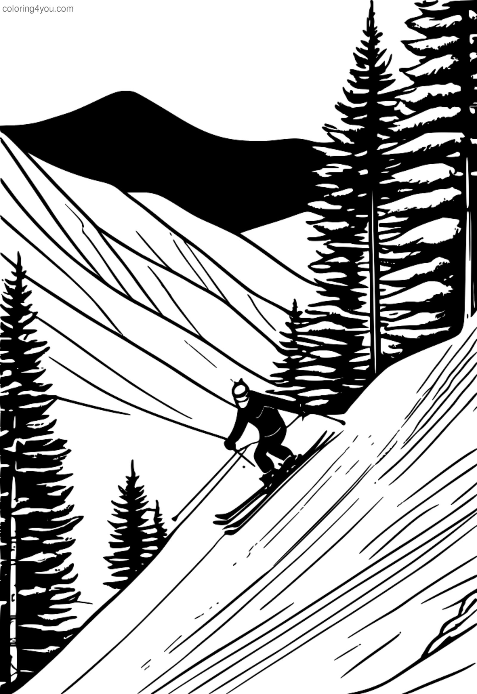 Skifahrer rasen einen steilen, schneebedeckten Hügel mit Bäumen auf beiden Seiten hinunter. Skifahrer rasen einen steilen, schneebedeckten Hügel mit Bäumen auf beiden Seiten hinunter.