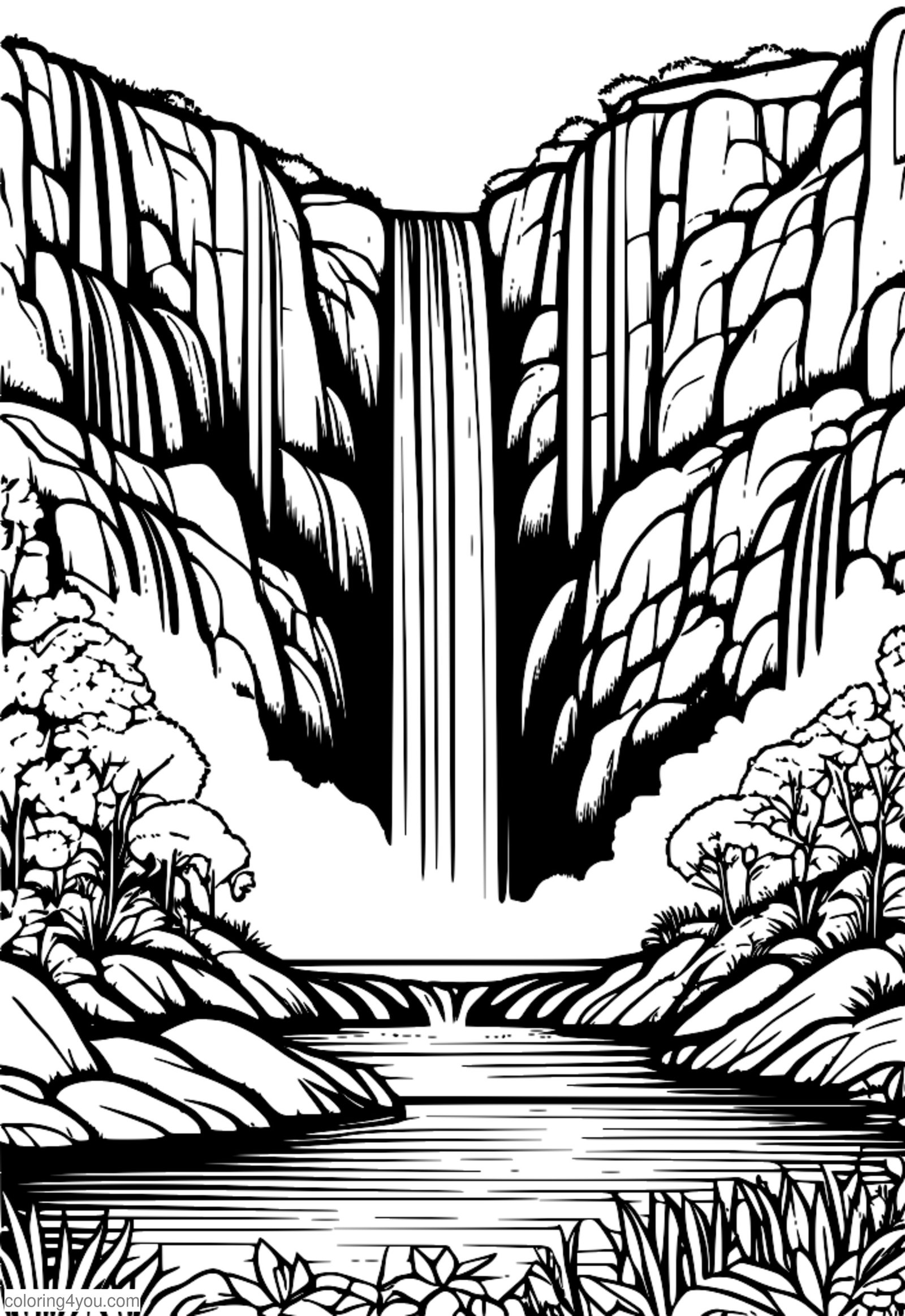 Erfrischender Wasserfall, der einen felsigen Hang hinunterstürzt Erfrischender Wasserfall, der einen felsigen Hang hinunterstürzt