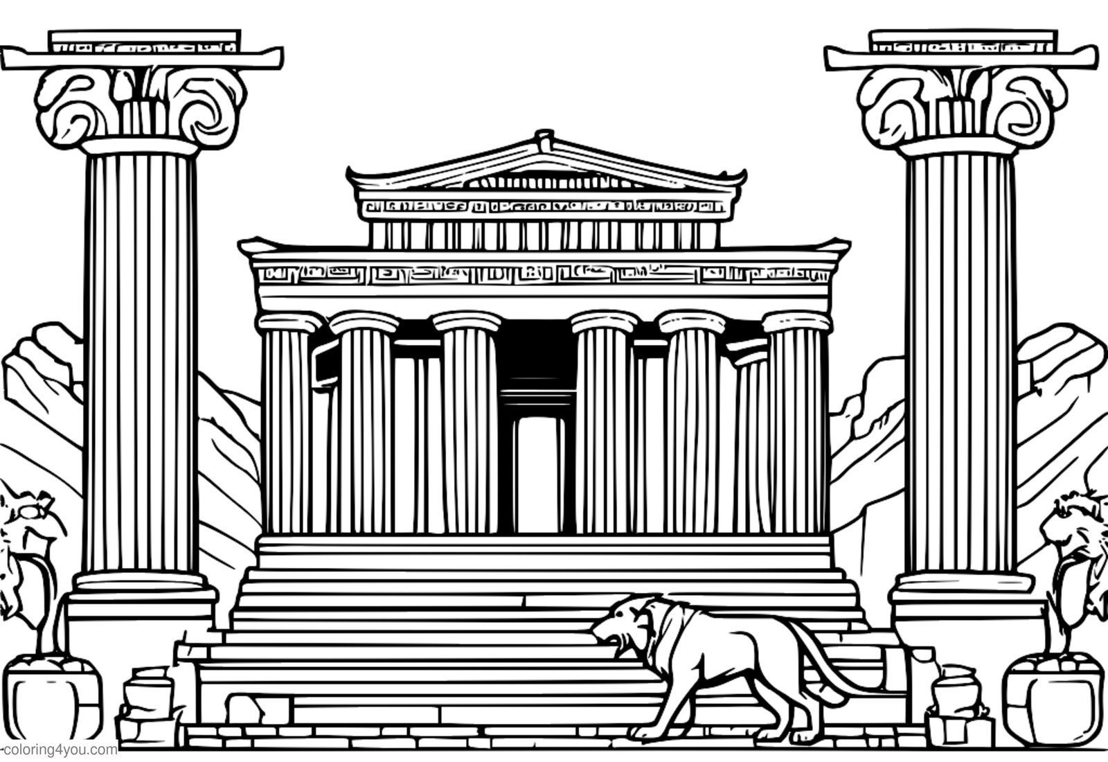 Cerberus in einem griechischen Tempel, umgeben von antiken griechischen Artefakten Cerberus in einem griechischen Tempel, umgeben von antiken griechischen Artefakten