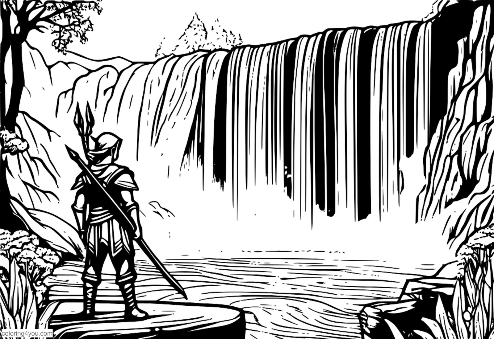 Elf warrior standing in front of magical waterfall with colorful arrows Elf warrior standing in front of magical waterfall with colorful arrows