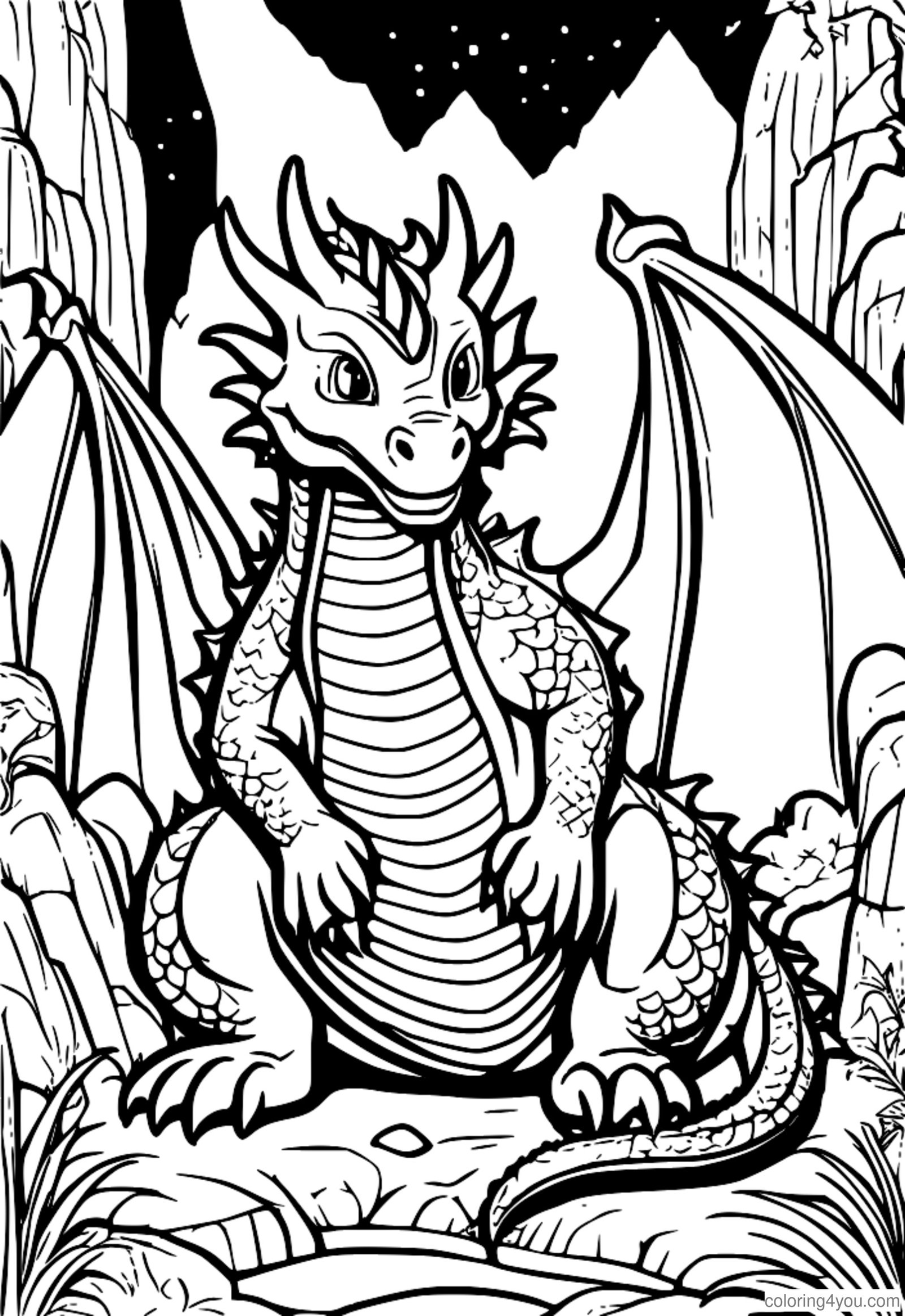 Dragon ina sheasamh os comhair uaimh le criostail súilíneacha agus cófra taisce. Dragon ina sheasamh os comhair uaimh le criostail súilíneacha agus cófra taisce.