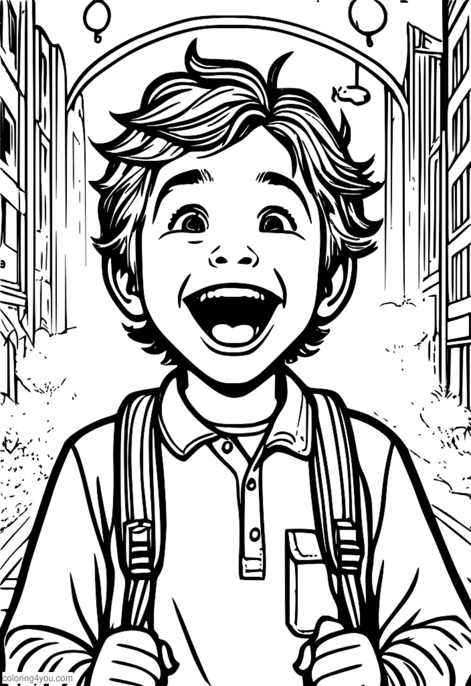 Niño riendo con cara de sorpresa y signos de exclamación sobre la cabeza Niño riendo con cara de sorpresa y signos de exclamación sobre la cabeza