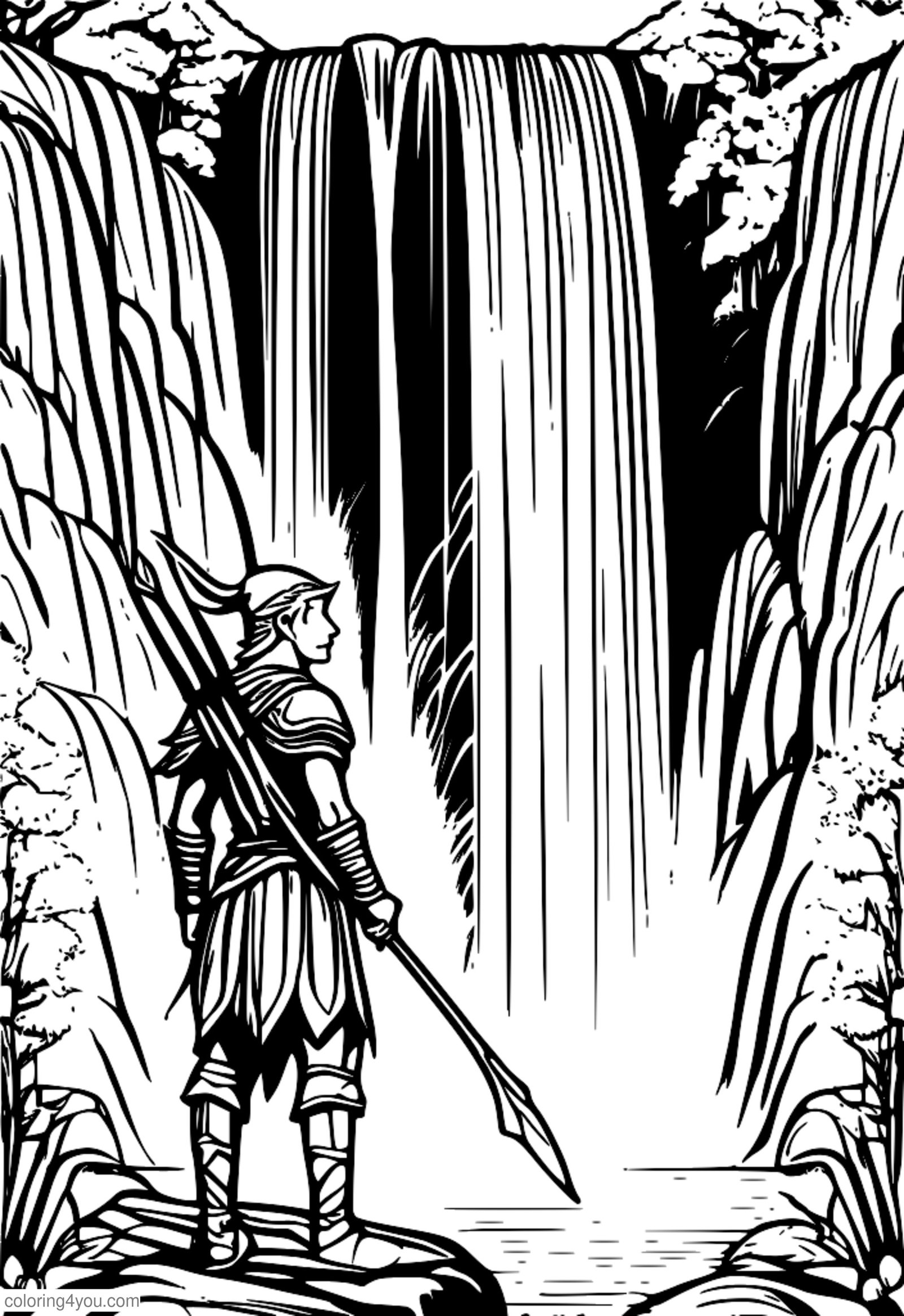 Elf warrior standing in front of magical waterfall with colorful arrows Elf warrior standing in front of magical waterfall with colorful arrows