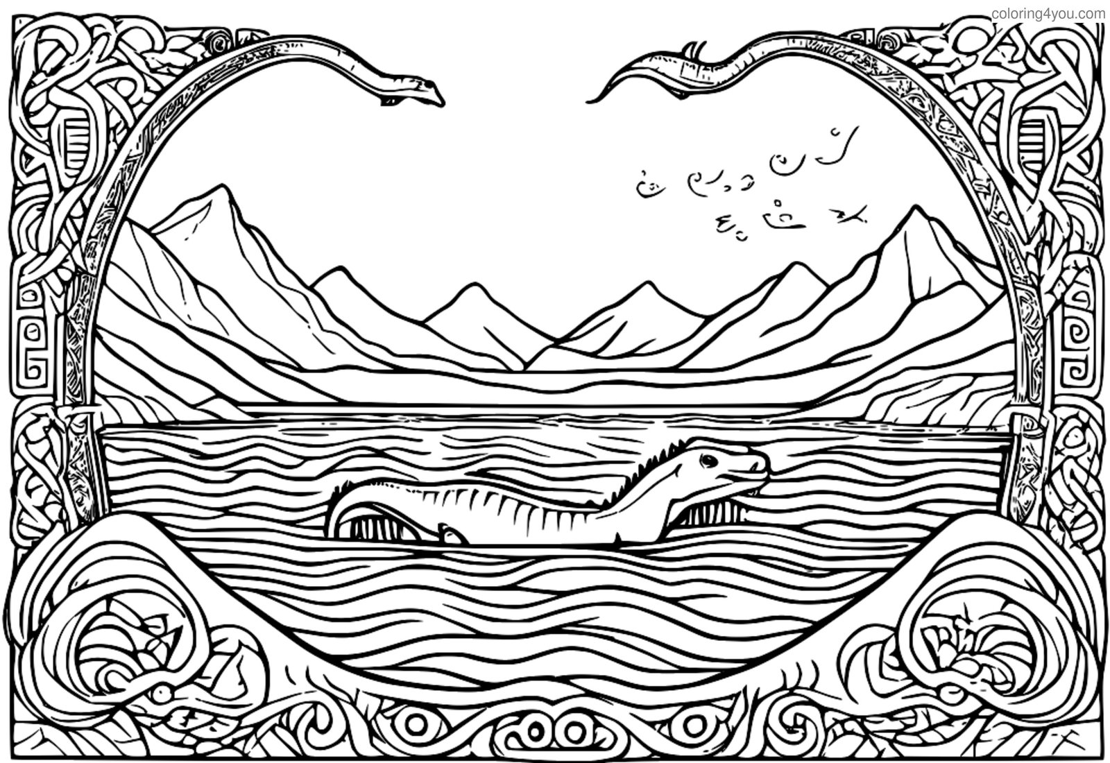 Ollphéist Loch Nis timpeallaithe ag siombailí agus runes Cheilteach ársa Ollphéist Loch Nis timpeallaithe ag siombailí agus runes Cheilteach ársa