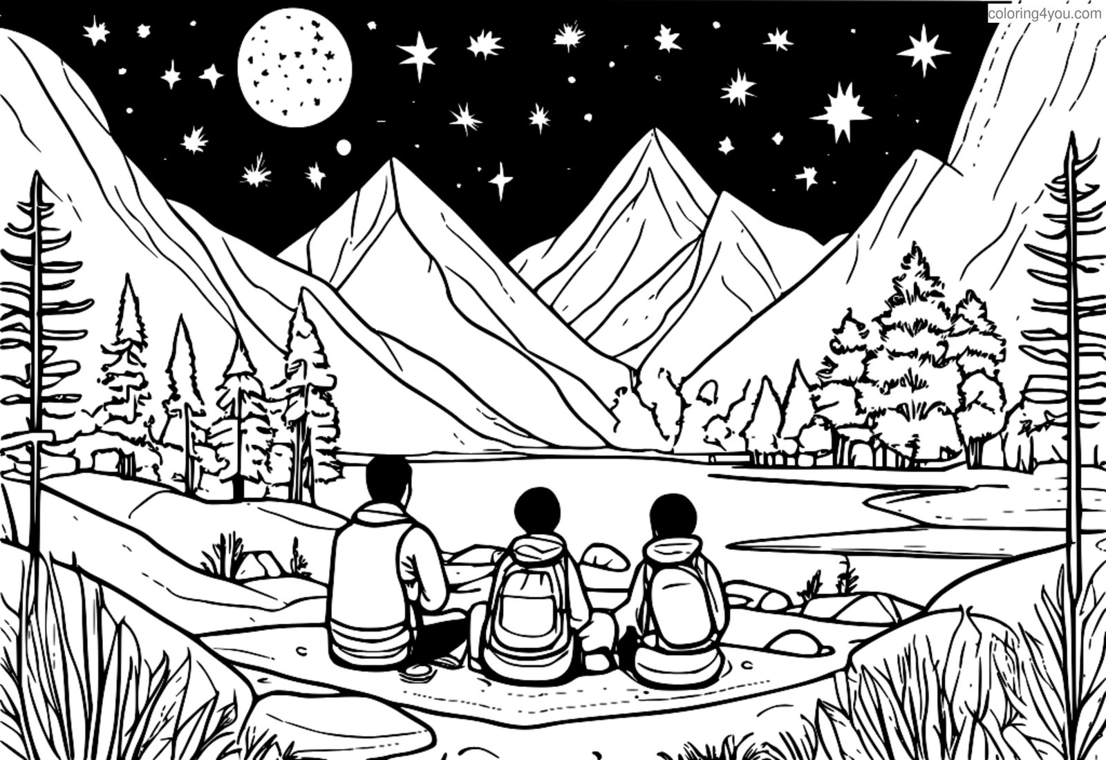 Eine Gruppe von Entdeckern blickt nachts am Lagerfeuer in der Wildnis zu den Sternen auf Eine Gruppe von Entdeckern blickt nachts am Lagerfeuer in der Wildnis zu den Sternen auf