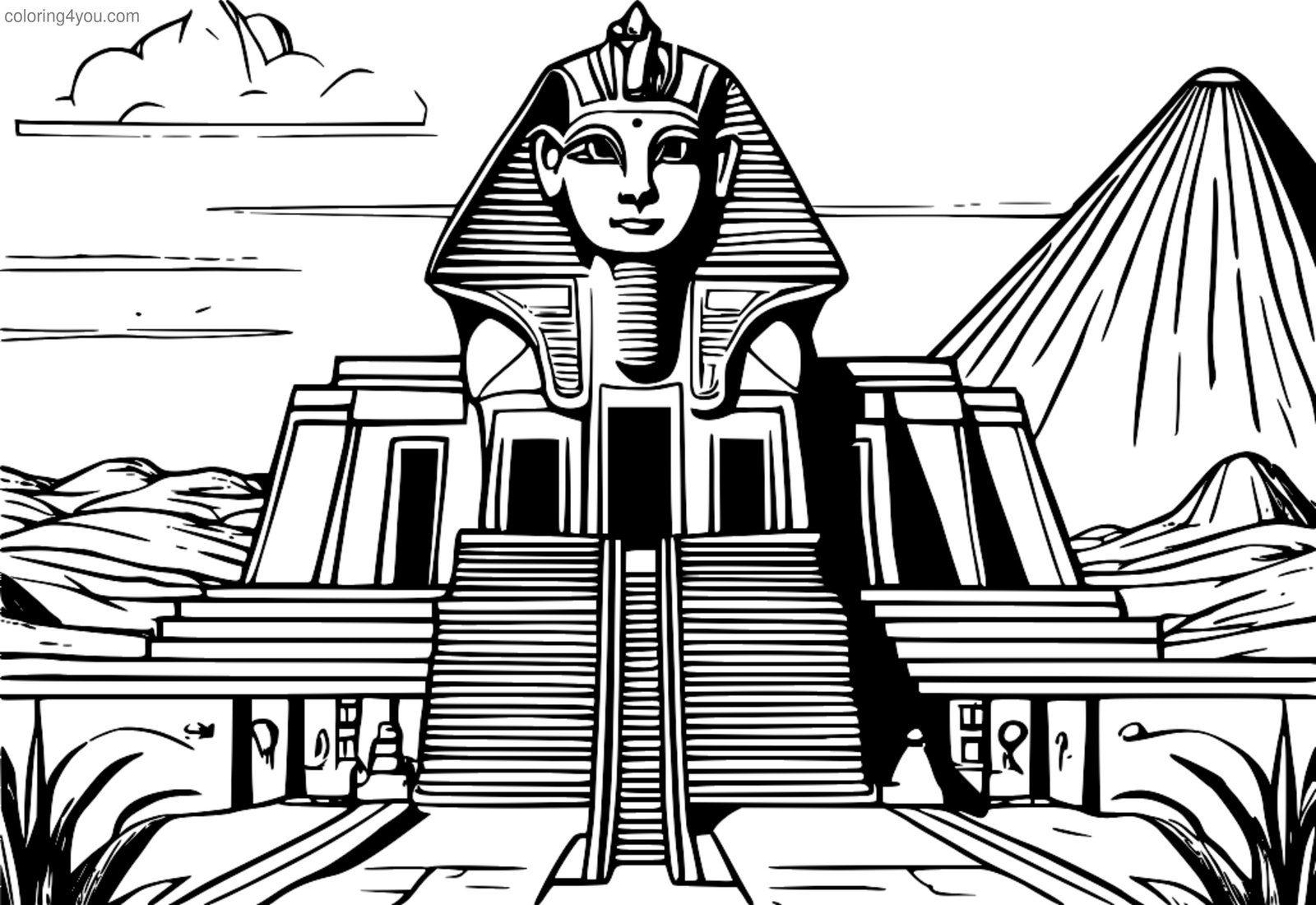 Uma esfinge montando guarda em frente a um belo templo no deserto Uma esfinge montando guarda em frente a um belo templo no deserto