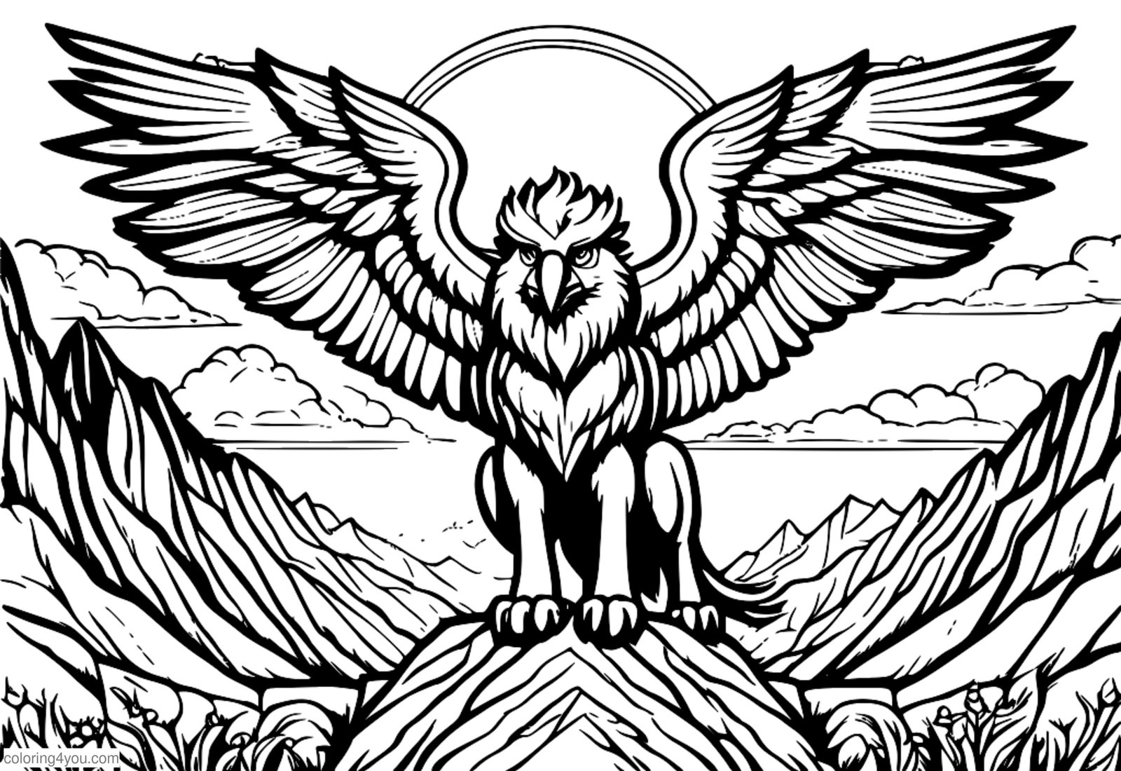 Griffin med vinger spredt, stående på en fjelltopp, omgitt av en solrik himmel og luftige hvite skyer. Griffin med vinger spredt, stående på en fjelltopp, omgitt av en solrik himmel og luftige hvite skyer.