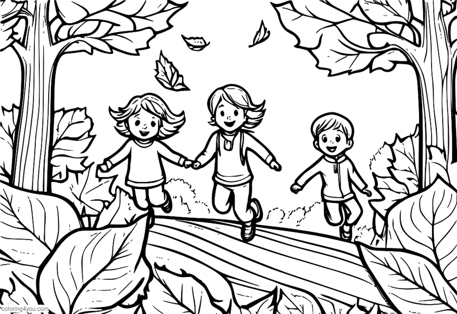 Niños felices saltando en montones de hojas en un hermoso día de otoño Niños felices saltando en montones de hojas en un hermoso día de otoño