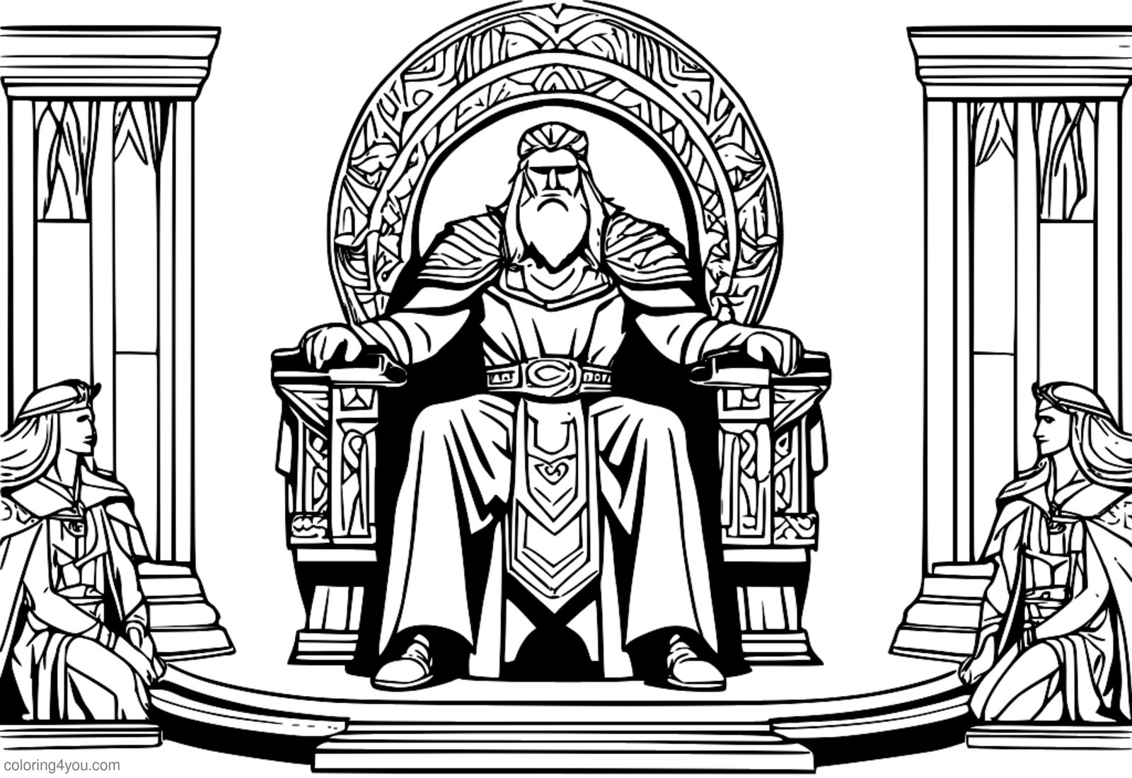 Odin est assis sur son trône, entouré de déesses et de deux corbeaux perchés sur ses épaules. Odin est assis sur son trône, entouré de déesses et de deux corbeaux perchés sur ses épaules.