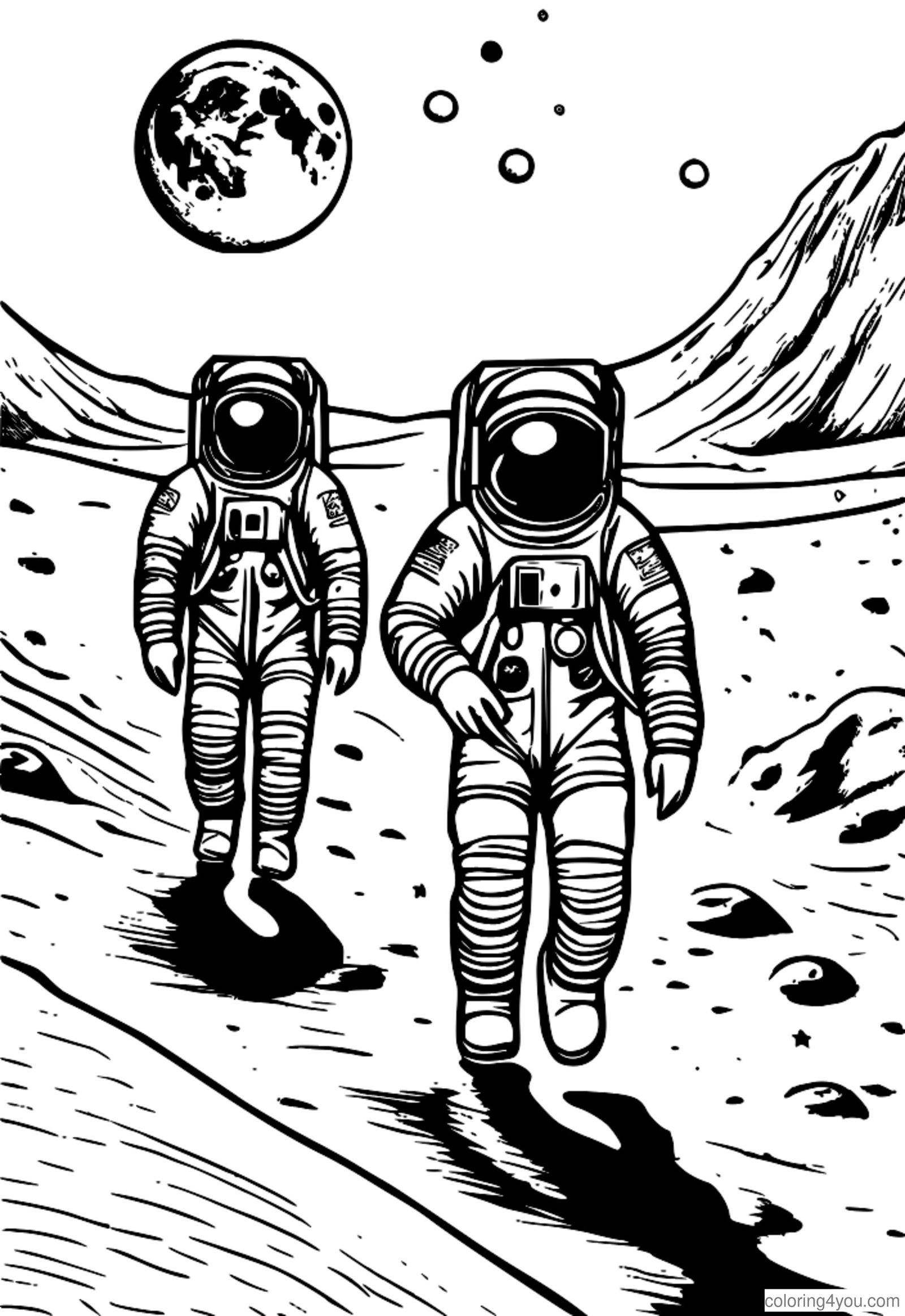 Astronauter som springer på månens yta, med fotspår som leder upp till dem. Astronauter som springer på månens yta, med fotspår som leder upp till dem.