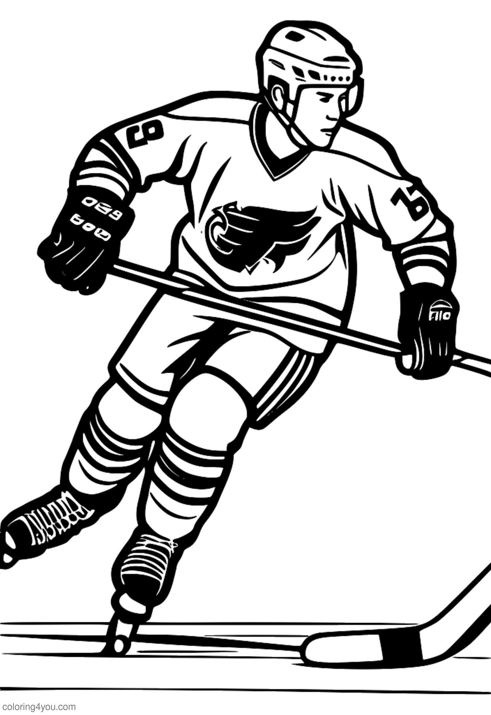 Plejer tal-hockey li jwettaq ħiliet tal-iskejzjar, crossovers u jumps, paġna tal-kulur Plejer tal-hockey li jwettaq ħiliet tal-iskejzjar, crossovers u jumps, paġna tal-kulur
