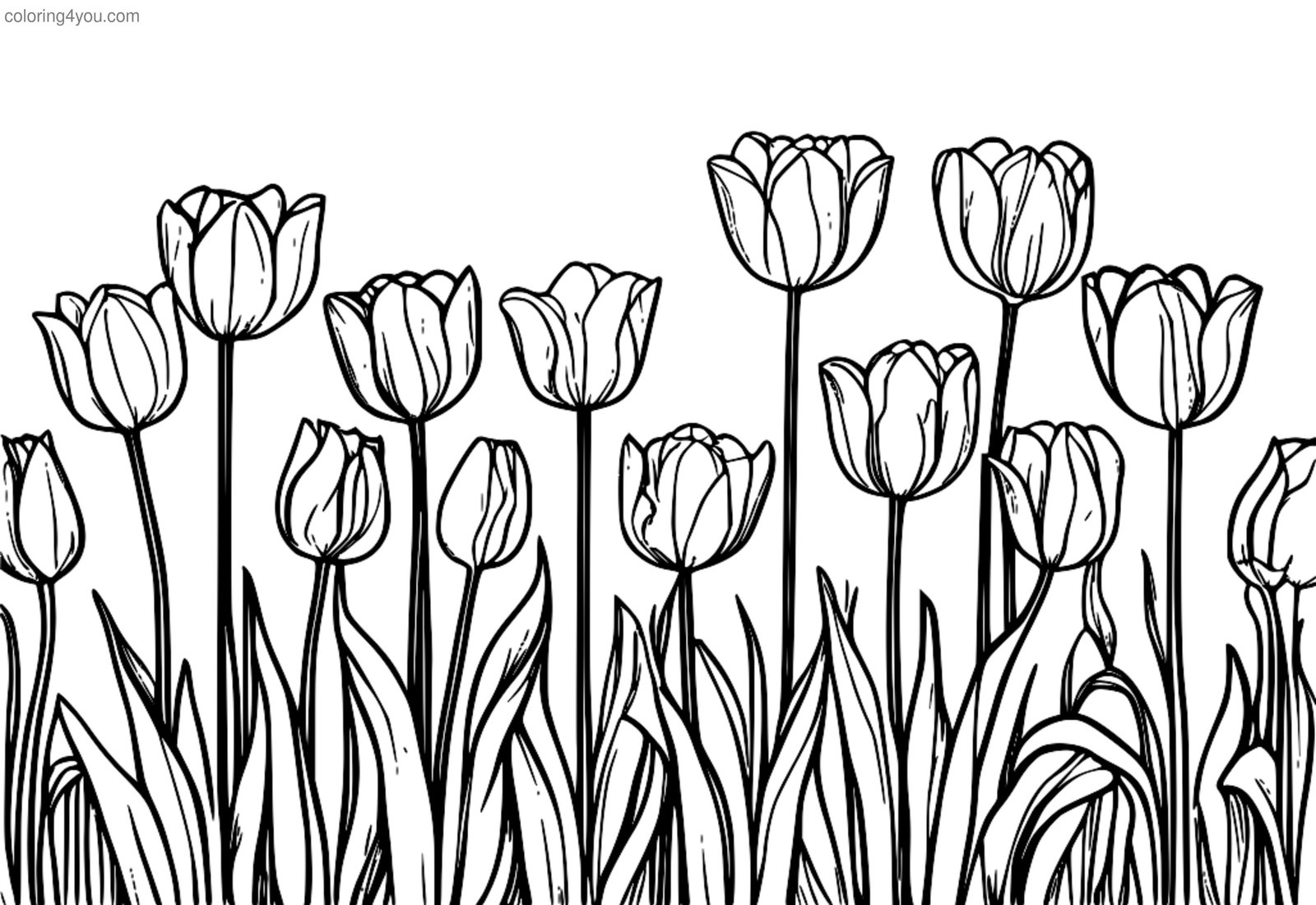 Kvetoucí tulipány s pop artovými barvami na stylizované louce Kvetoucí tulipány s pop artovými barvami na stylizované louce