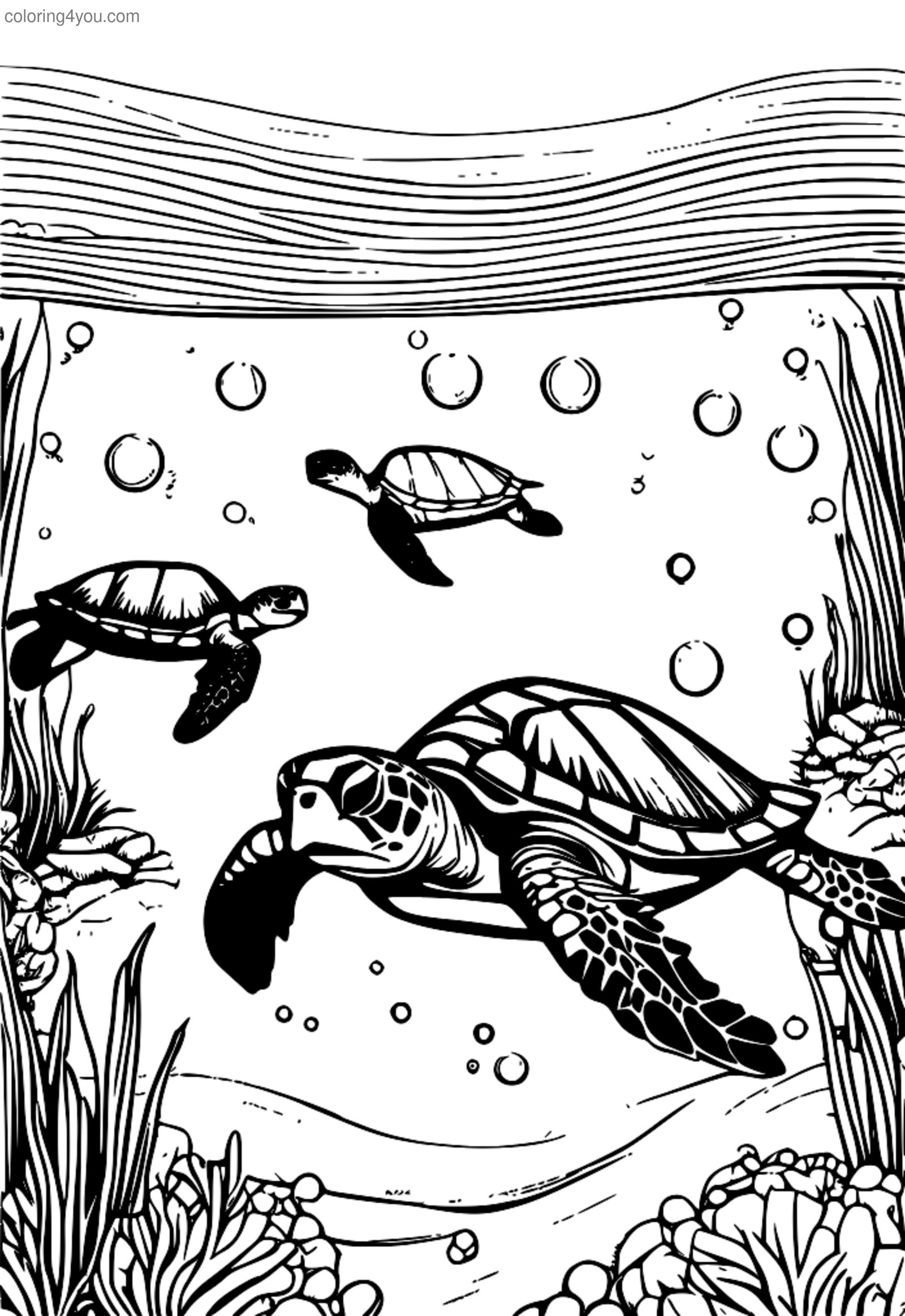 Colorful sea turtles underwater coloring page with bubbles Colorful sea turtles underwater coloring page with bubbles