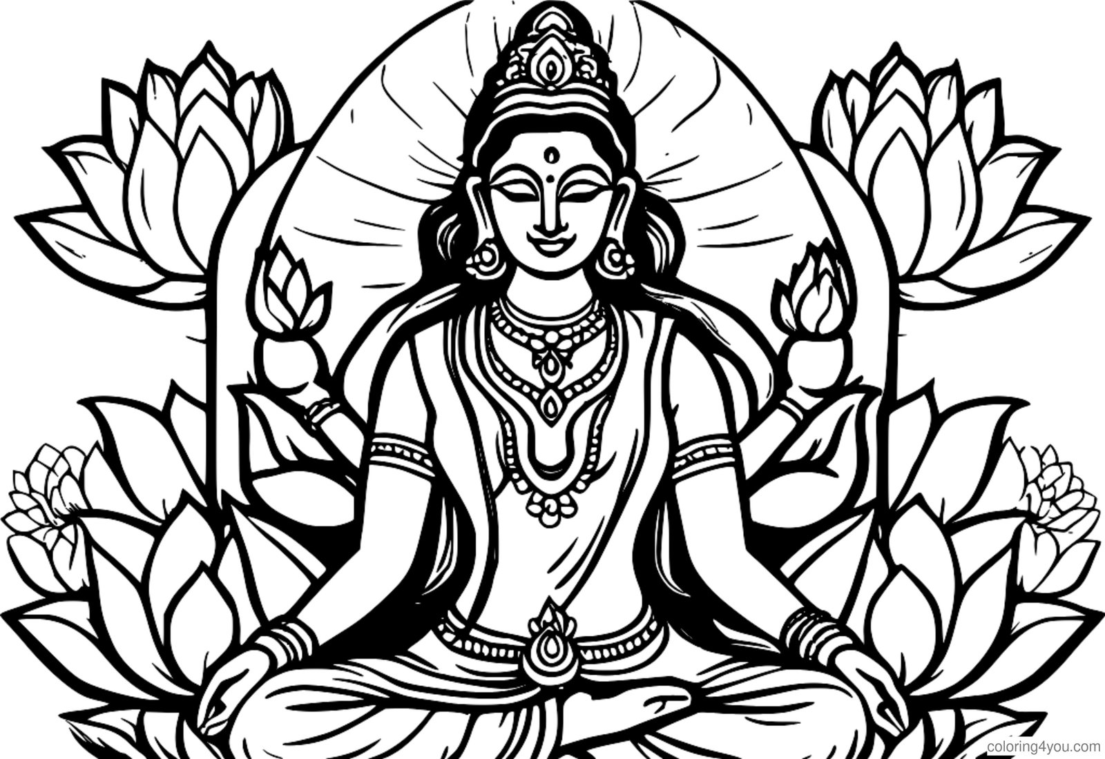 Déesse Lakshmi entourée de fleurs de lotus en fleurs Déesse Lakshmi entourée de fleurs de lotus en fleurs