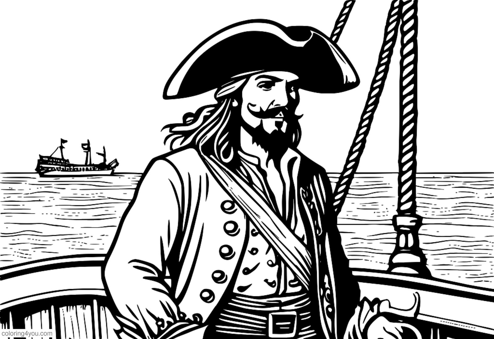 Piratų kapitono su juoda triragio kepure spalvinimo puslapis Piratų kapitono su juoda triragio kepure spalvinimo puslapis