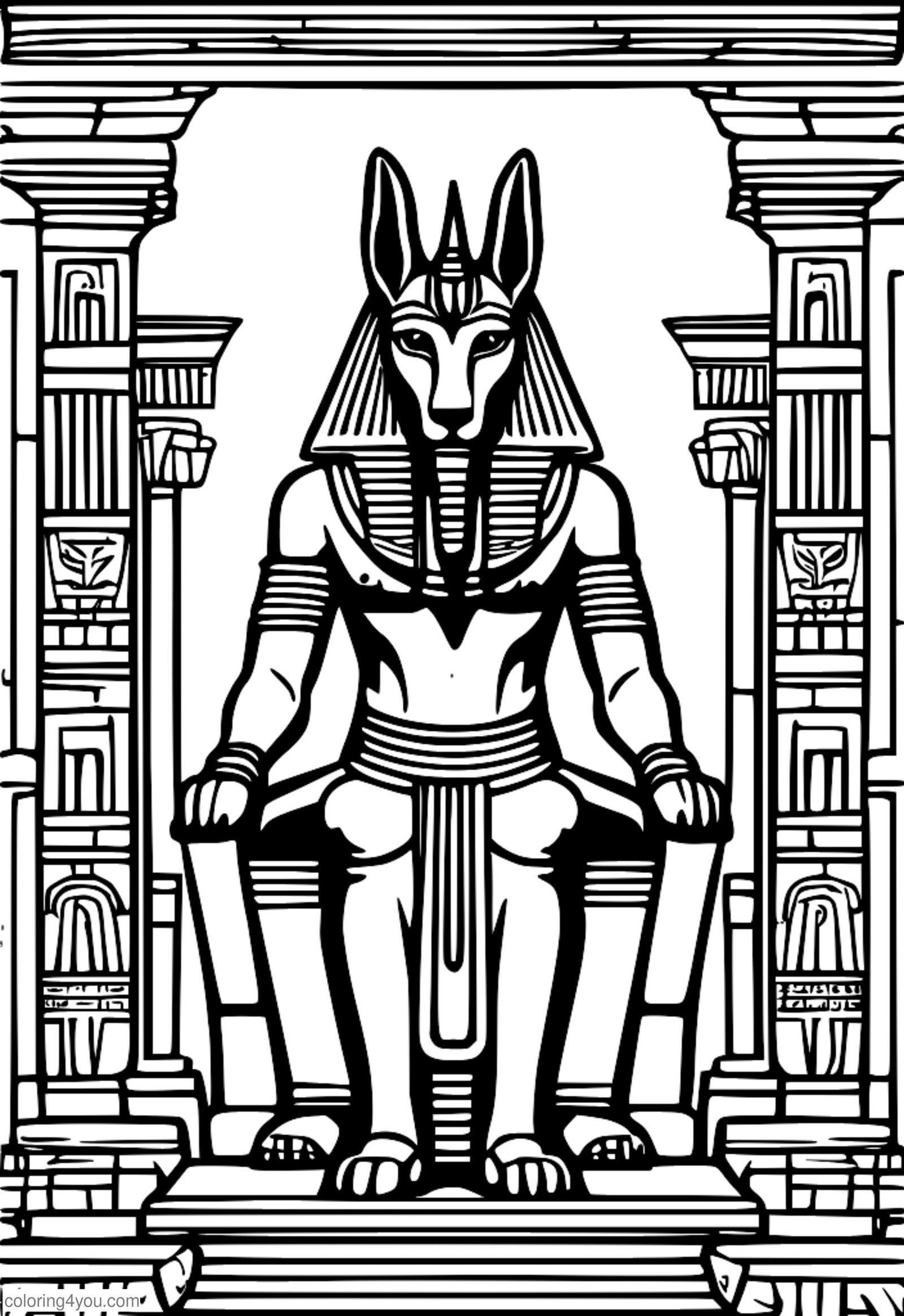 faqe për t'u ngjyrosur e Anubis si një gjarpër me një faraon në sfond, në një stil të lashtë egjiptian të pikturës së murit faqe për t'u ngjyrosur e Anubis si një gjarpër me një faraon në sfond, në një stil të lashtë egjiptian të pikturës së murit