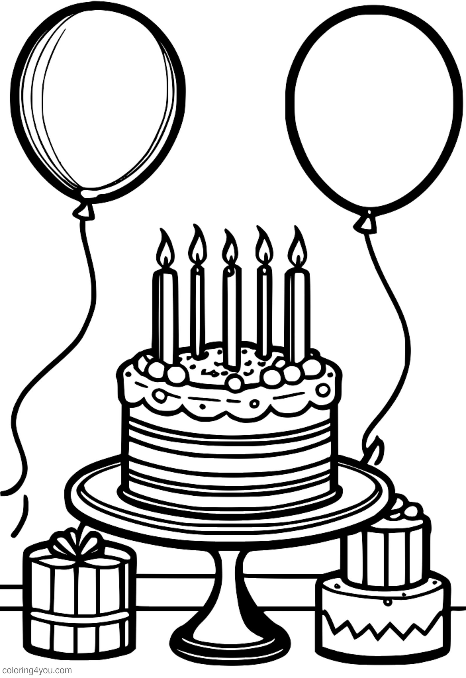 ilustração colorida de um bolo de aniversário com velas e balões. ilustração colorida de um bolo de aniversário com velas e balões.