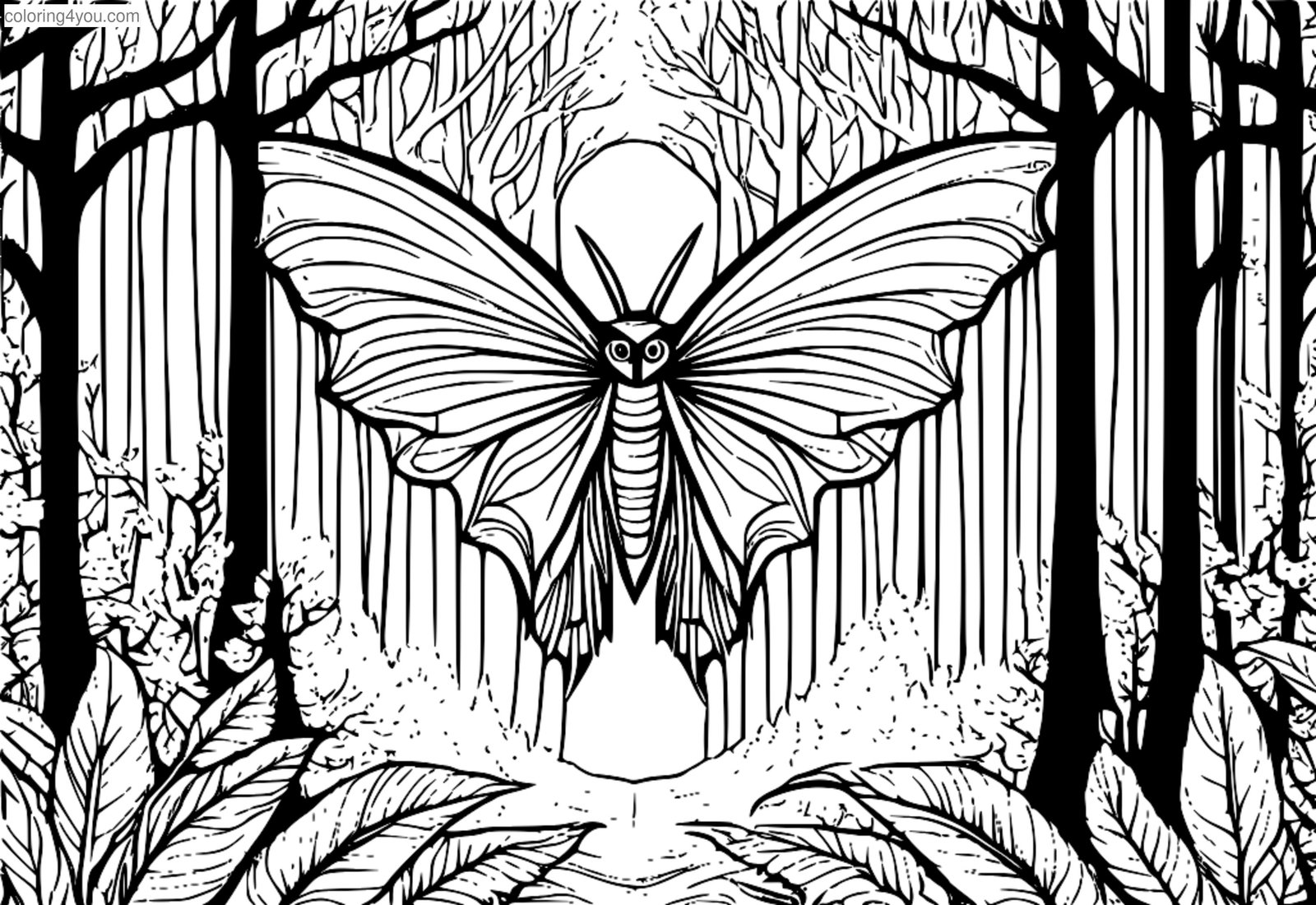 Mothman koji se stapa sa sjenama stabla za bojanje stranice Mothman koji se stapa sa sjenama stabla za bojanje stranice